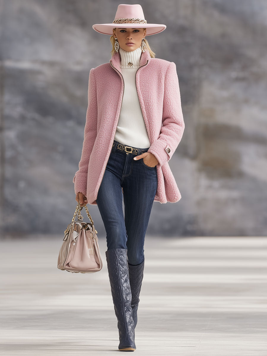 Lässige Vintage-Jacke aus rosa Polarfleece mit Reißverschluss