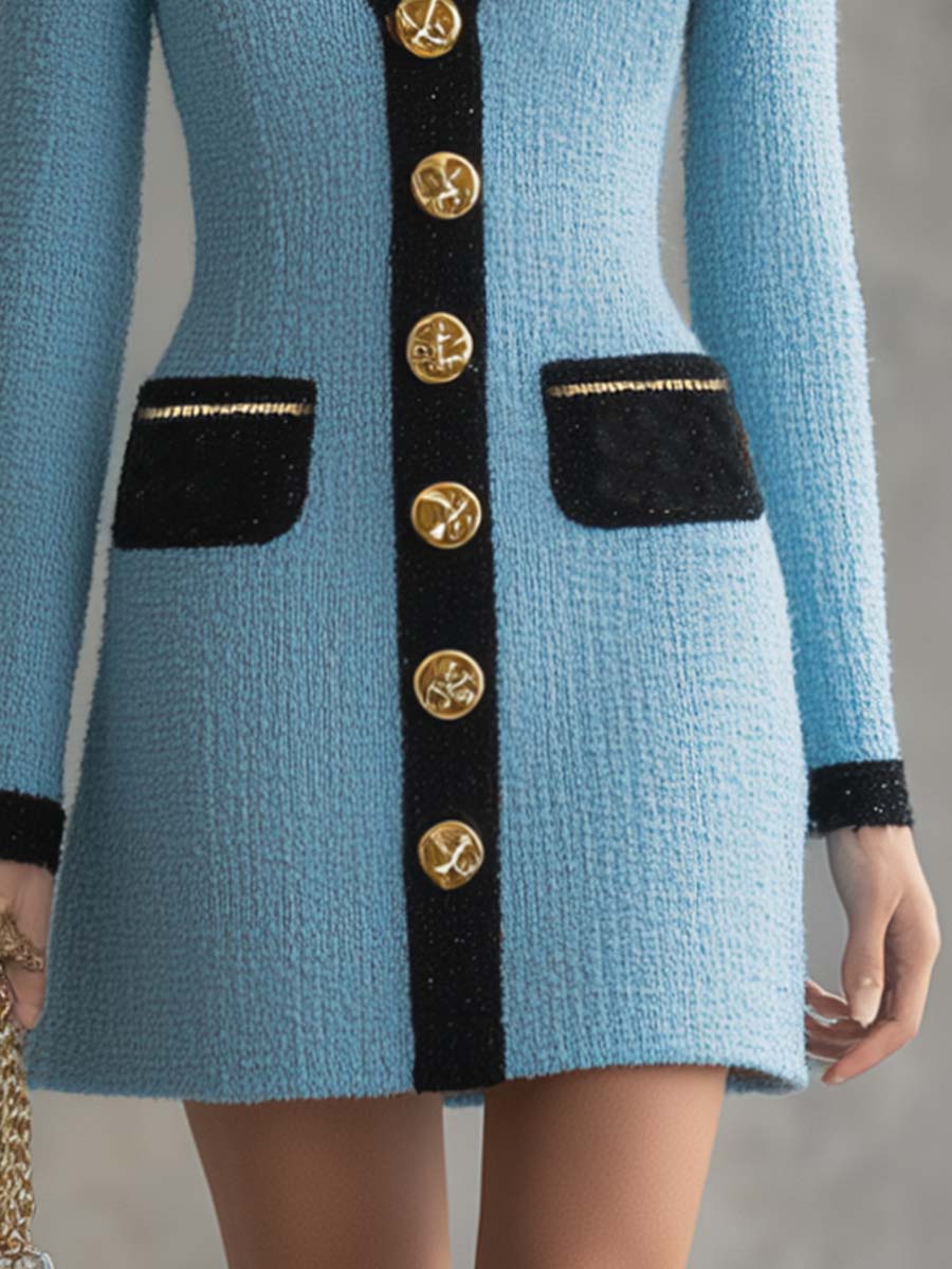 Vintage-Klassiker mit V-Ausschnitt, Metallknöpfen vorne, schwarzer Verzierung und himmelblauem Tweed-Minikleid