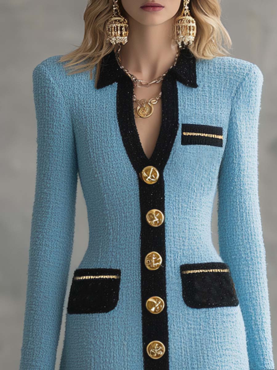 Vintage-Klassiker mit V-Ausschnitt, Metallknöpfen vorne, schwarzer Verzierung und himmelblauem Tweed-Minikleid