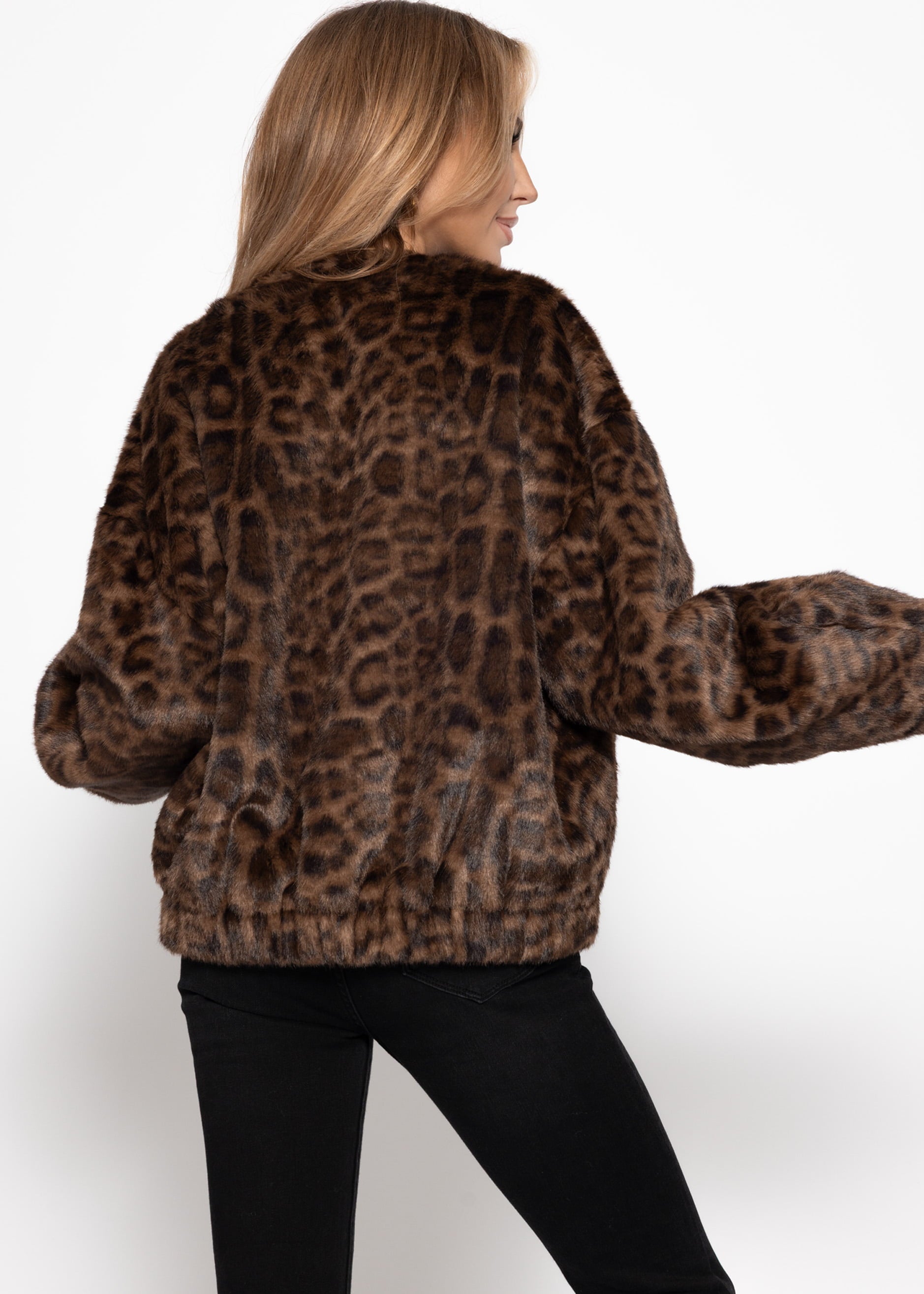 Bomberjacke aus Fellimitat mit Leo-Muster - braun