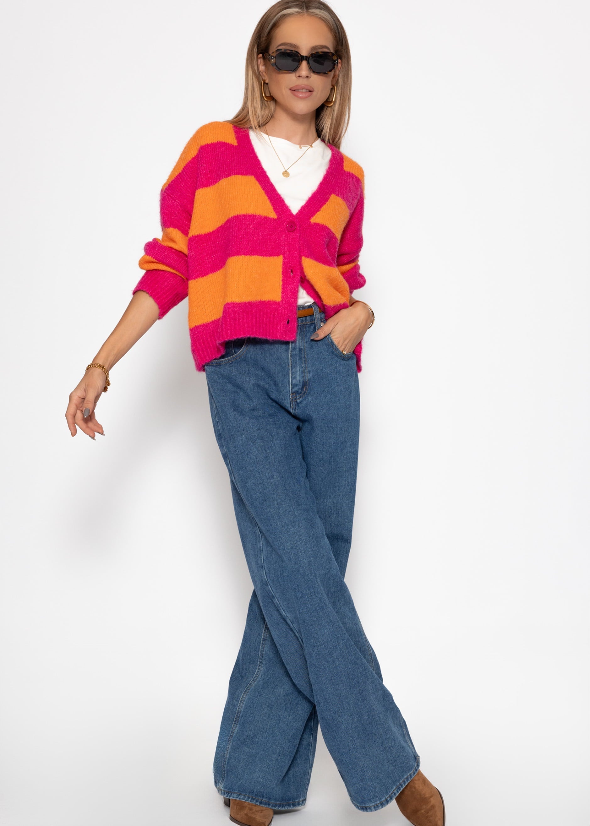 Cardigan à rayures larges et col en V - rose