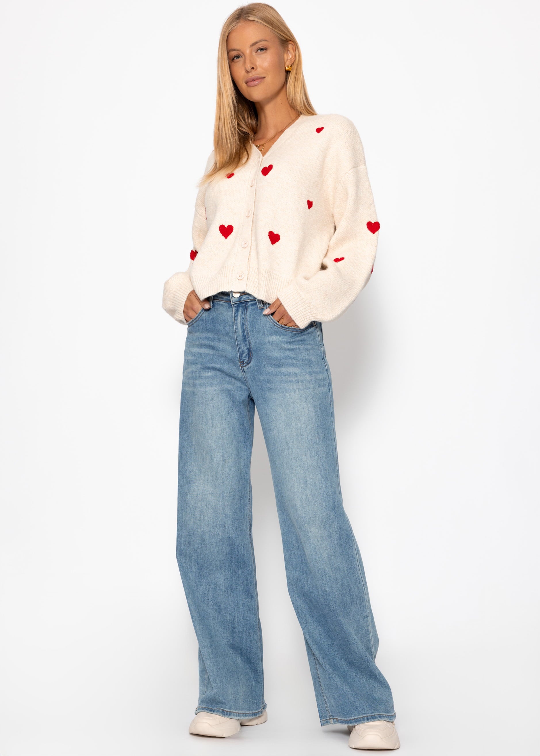 Cardigan avec des cœurs rouges - écru