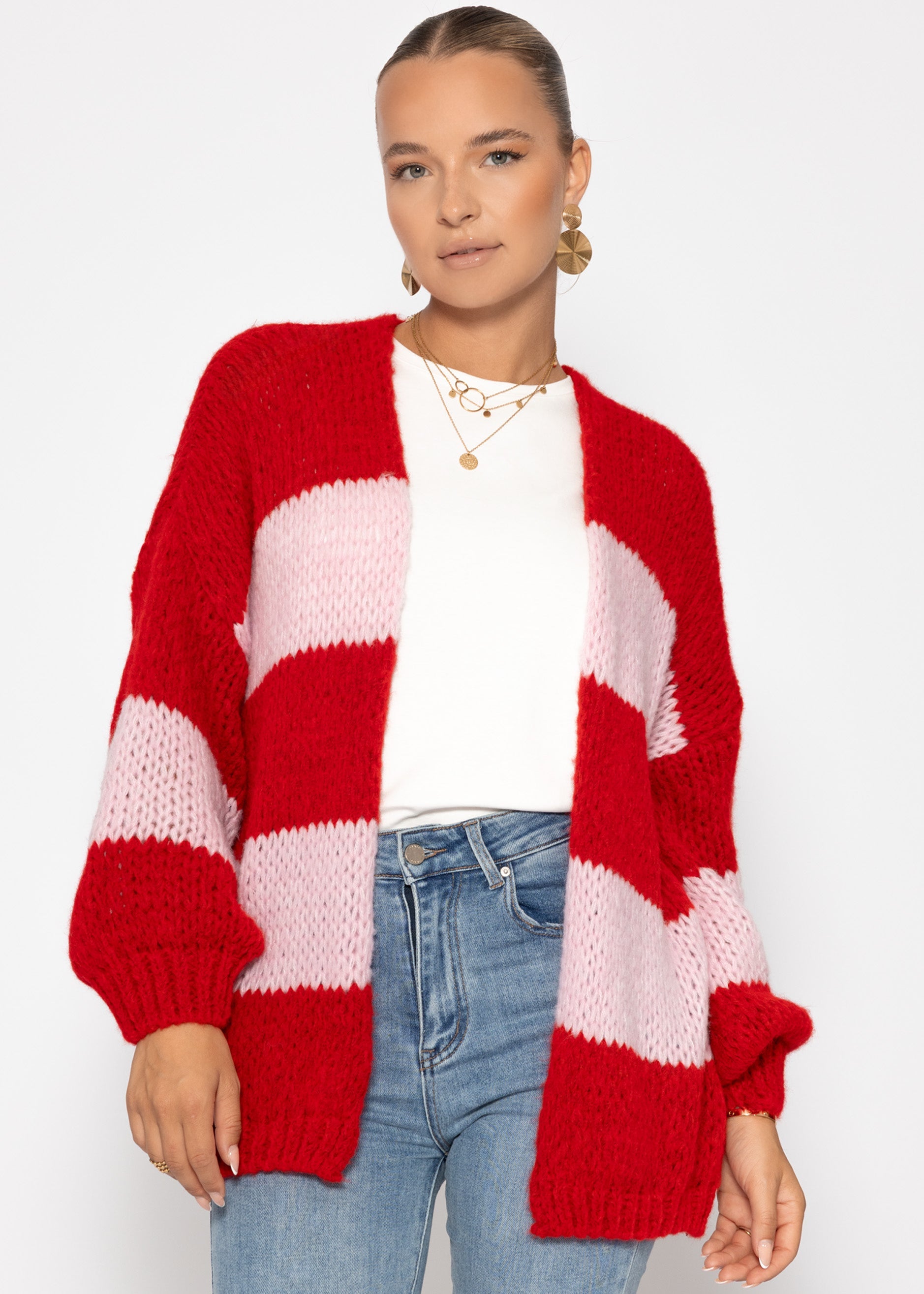 Gestreifter Oversize-Cardigan – Rosa-Rot