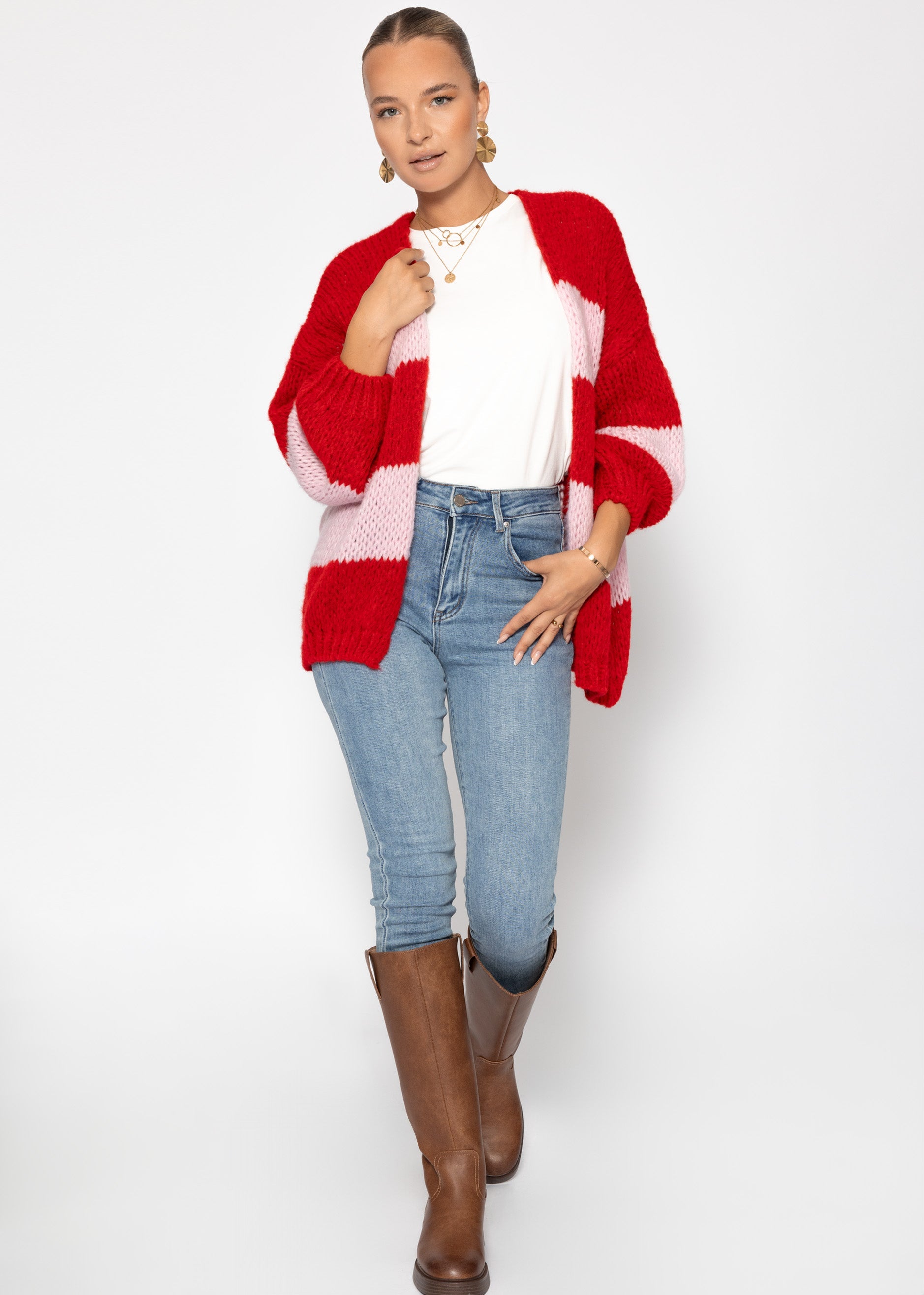 Gestreifter Oversize-Cardigan – Rosa-Rot
