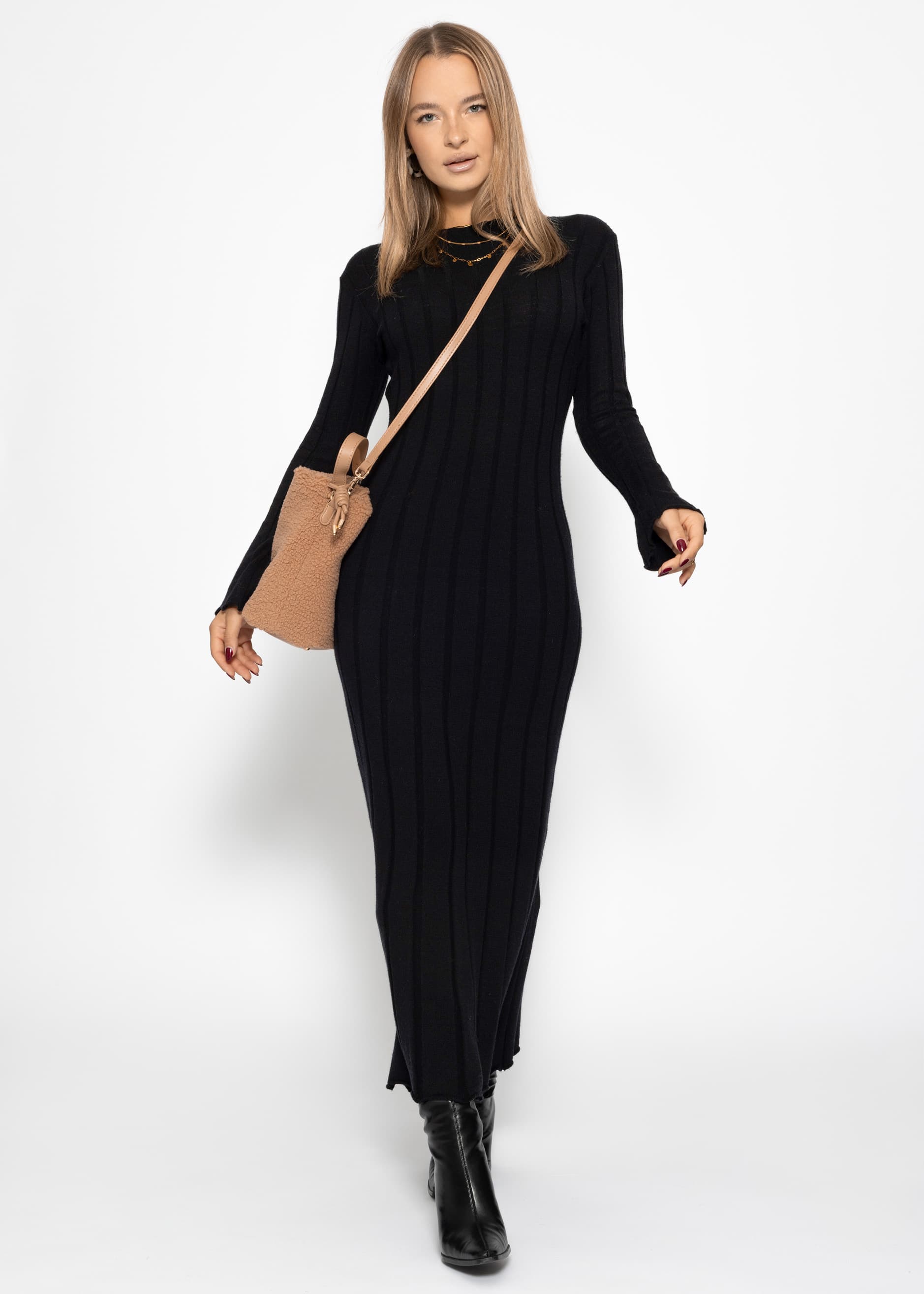 Robe maxi en maille côtelée - noir