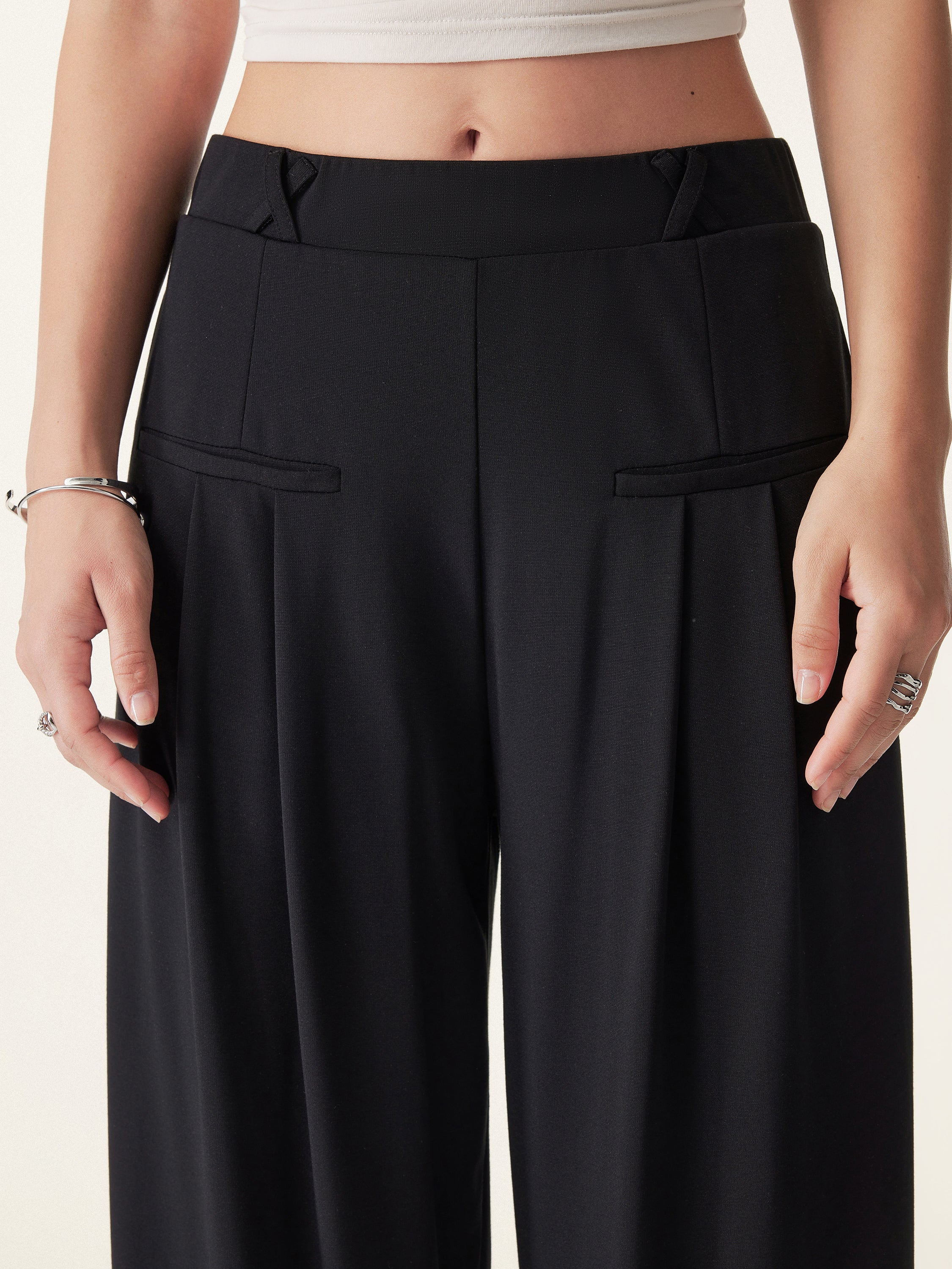Drapey Bamboo Ponte Mid Rise Wide Leg Trouser with Pockets
