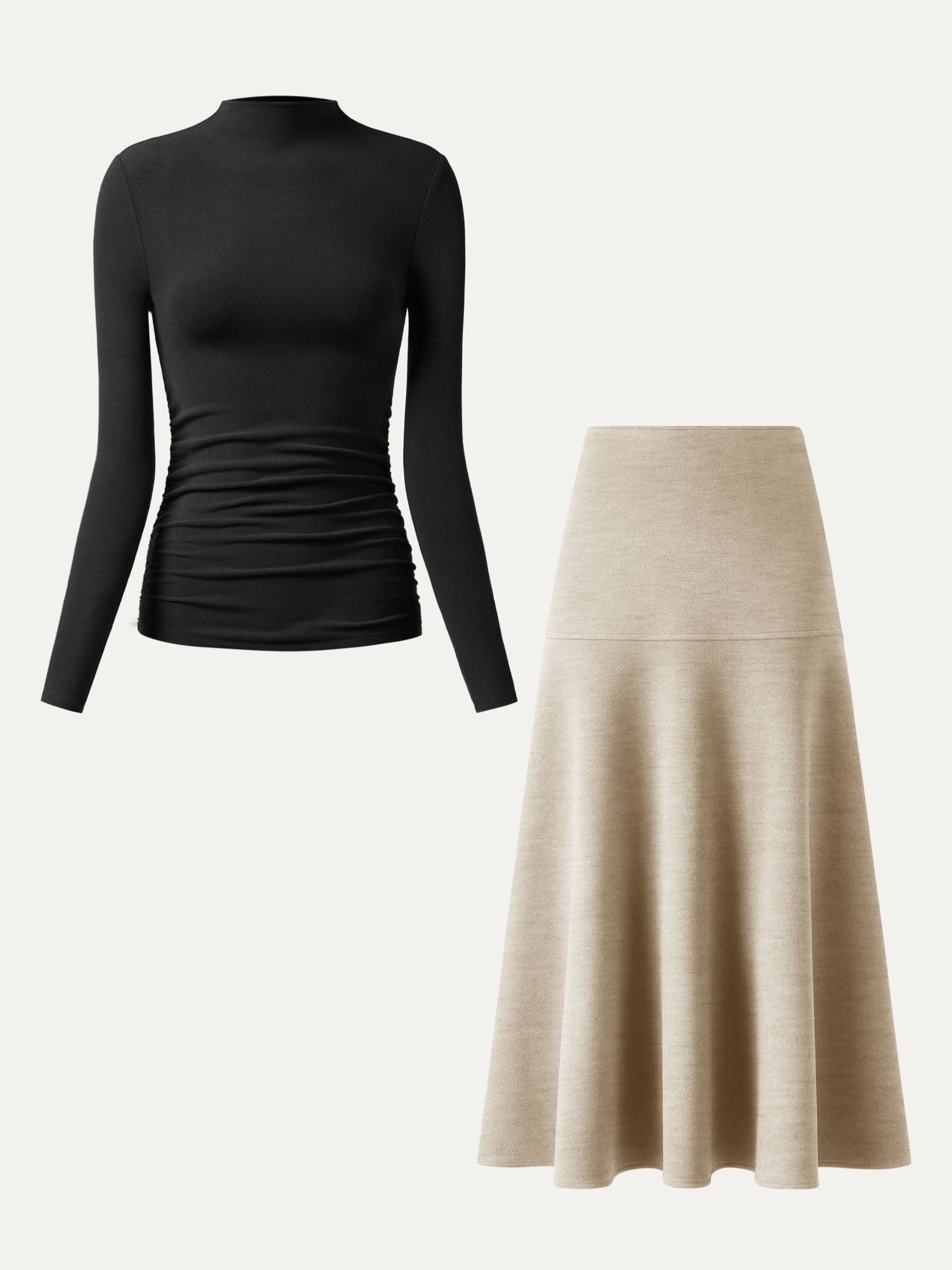 2Pcs Set Ruched Sides Tuckable Mockneck Top & Flared Maxi Skirt
