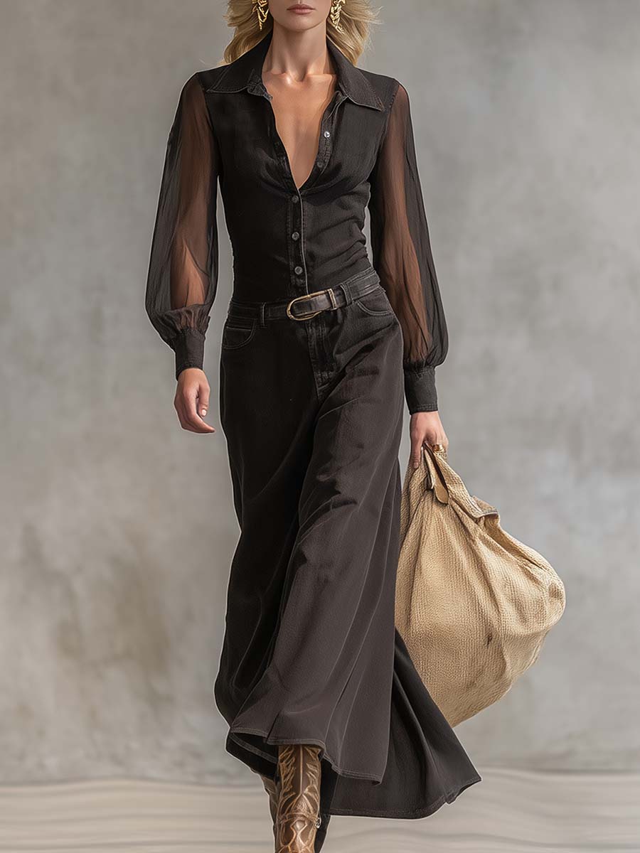 Denim-Maxikleid in Schwarz — V-Ausschnitt, lange Ärmel