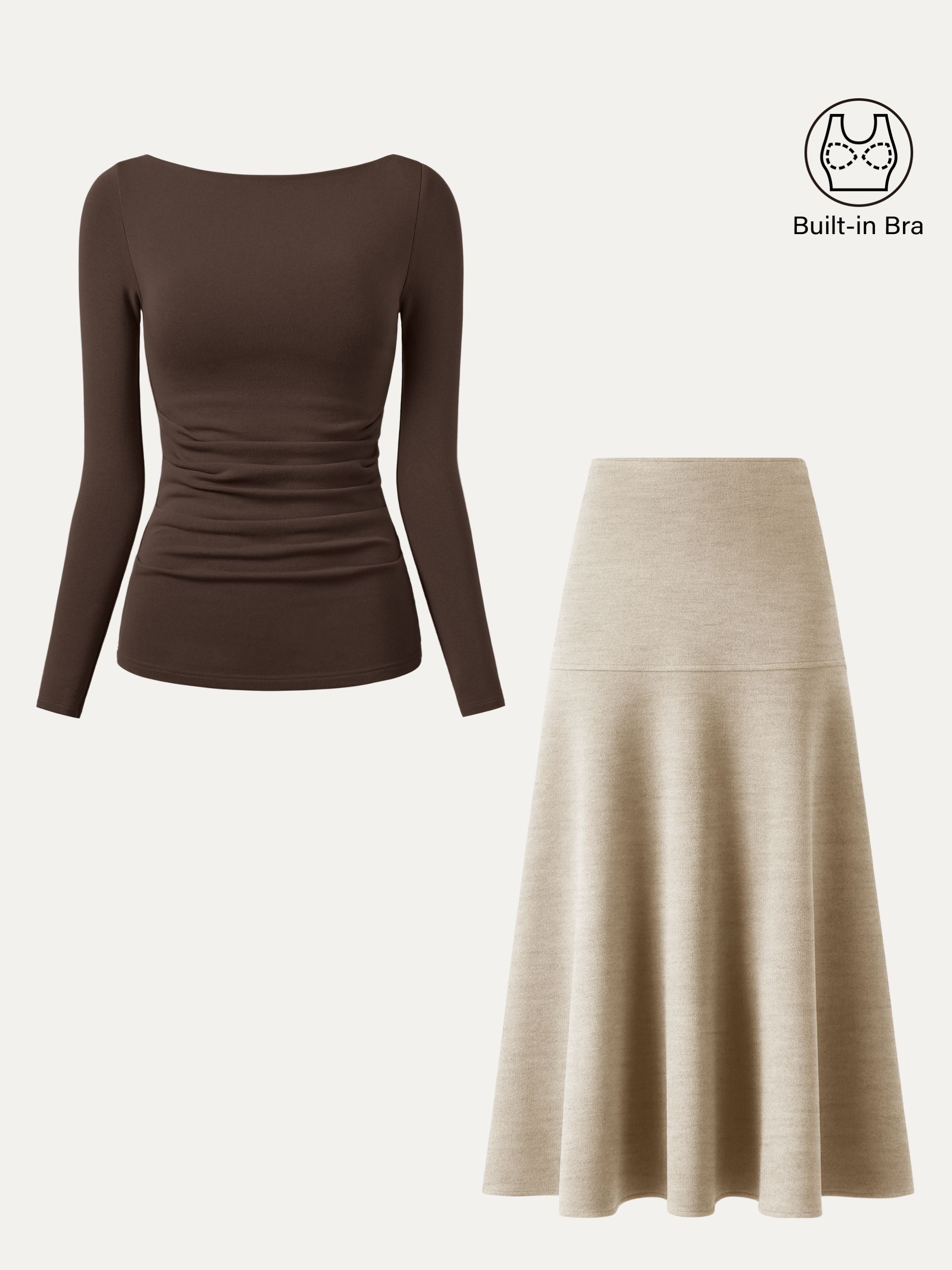 2Pcs Set Boatneck Tucks Brami Top & Flared Maxi Skirt