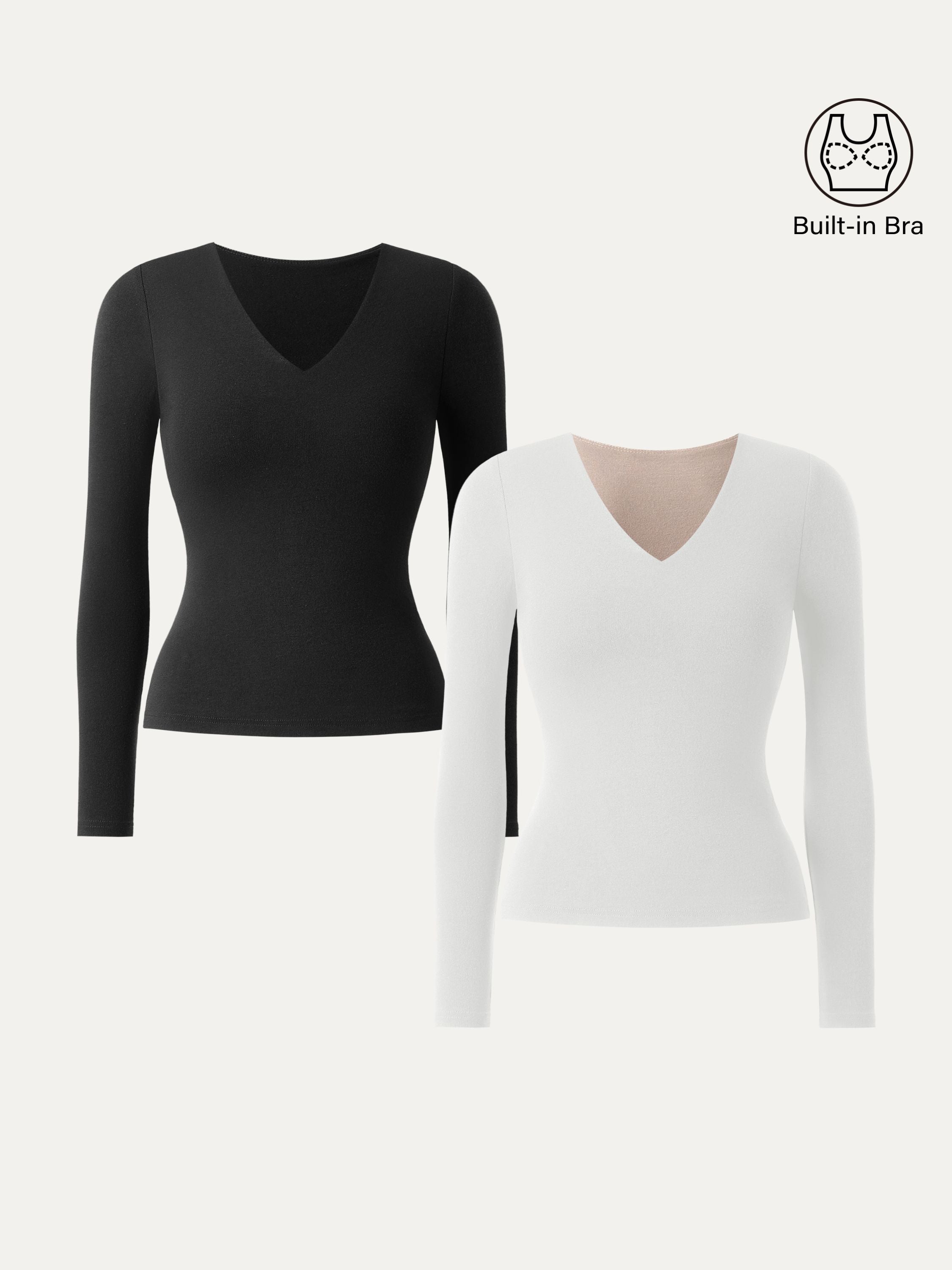Stretch Cotton V-Neck Long Sleeve Brami Top