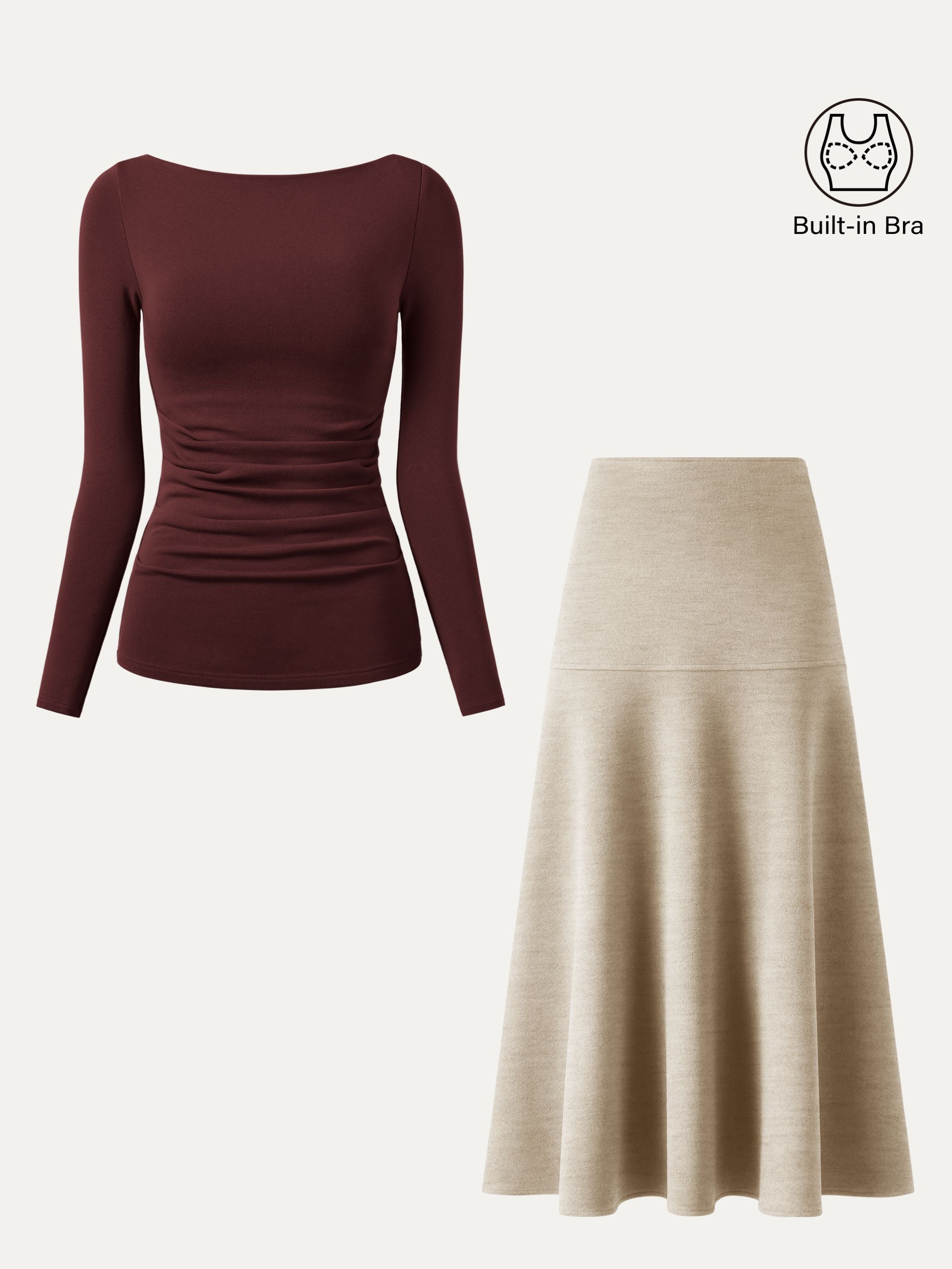 2Pcs Set Boatneck Tucks Brami Top & Flared Maxi Skirt