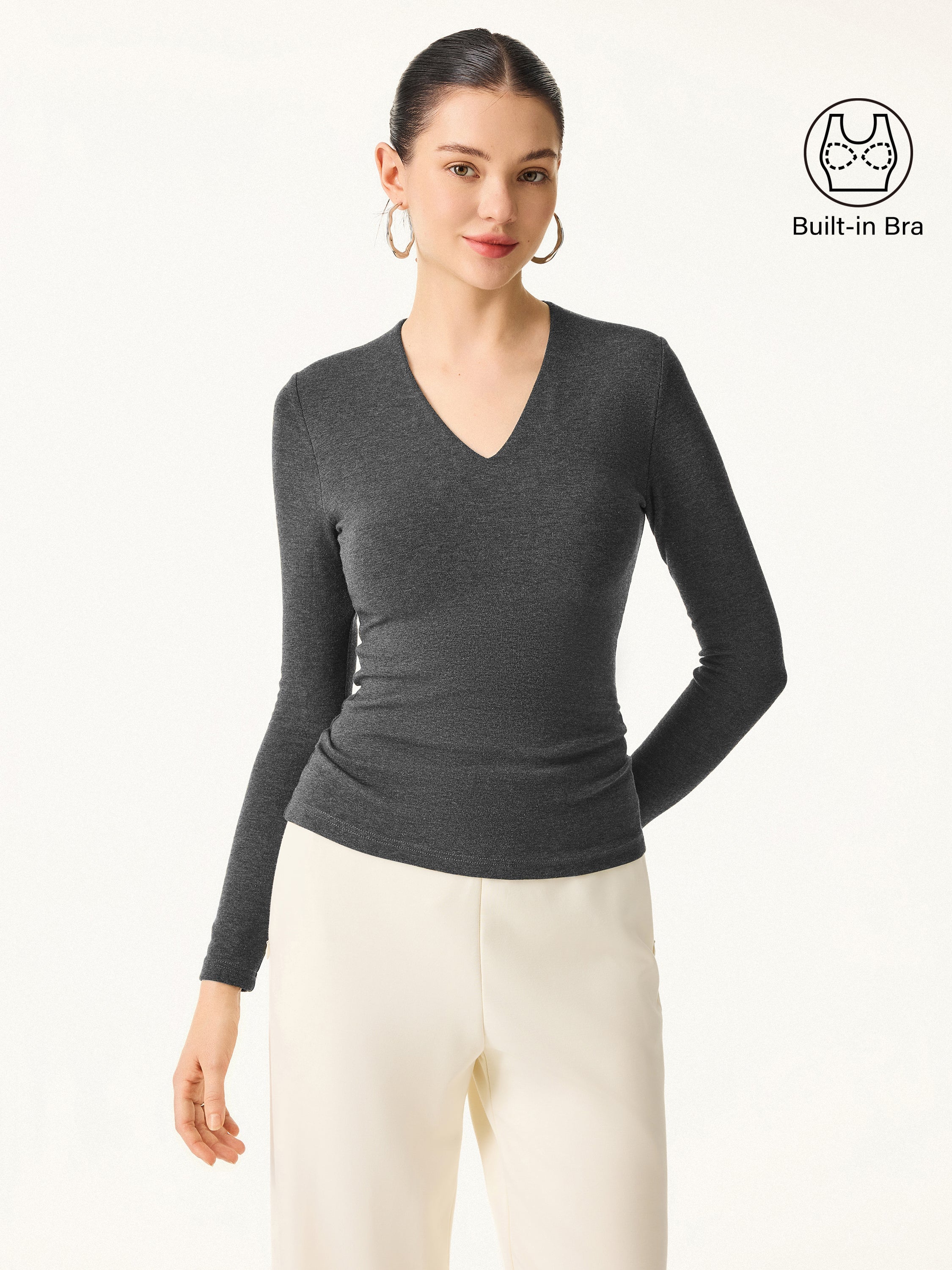 Stretch Cotton V-Neck Long Sleeve Brami Top