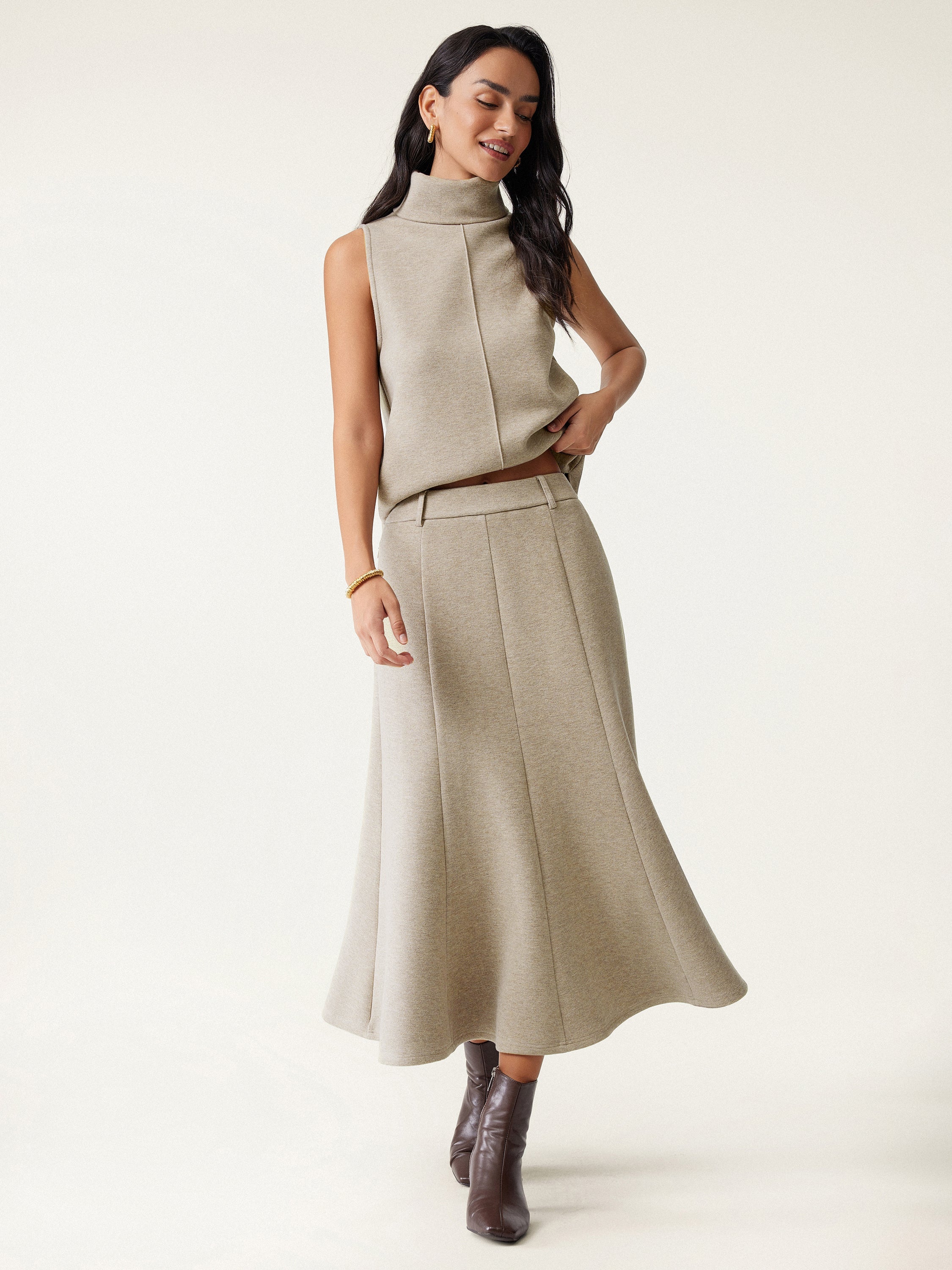 High Waisted Umbrella Hem Midi Skirt