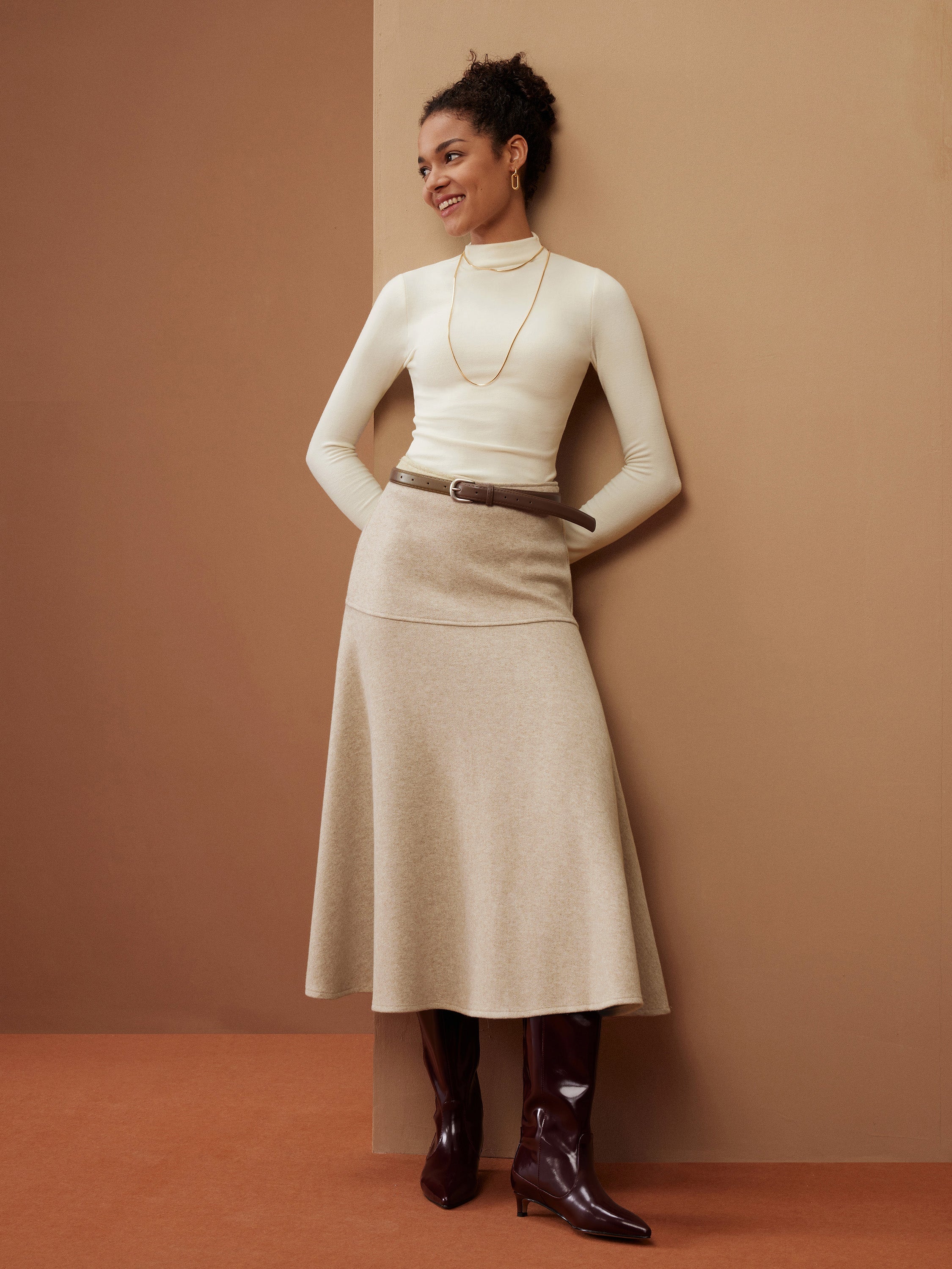 2Pcs Set Ruched Sides Tuckable Mockneck Top & Flared Maxi Skirt