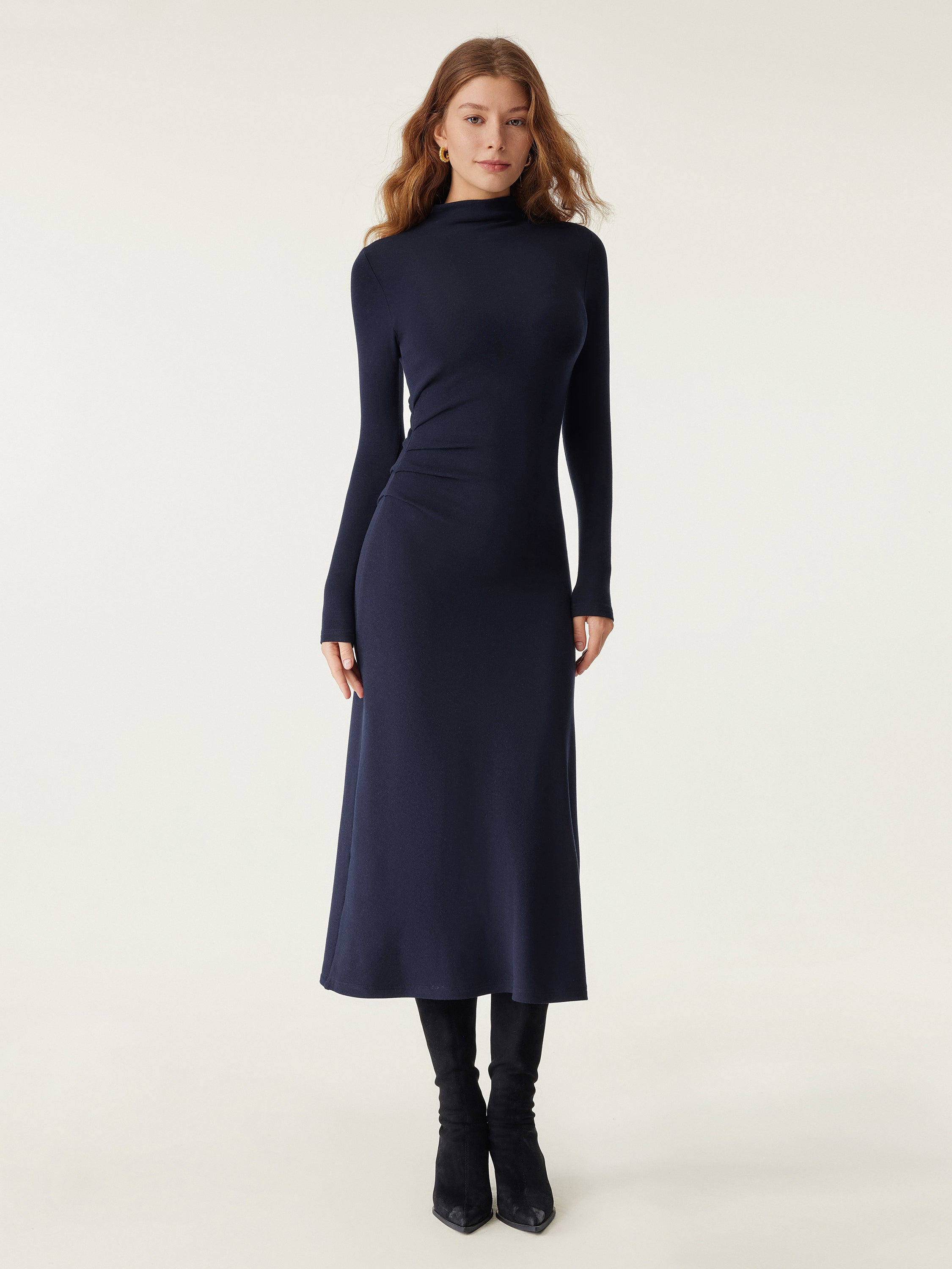 ProWarm Long Sleeves Mockneck Tucks Midi Dress