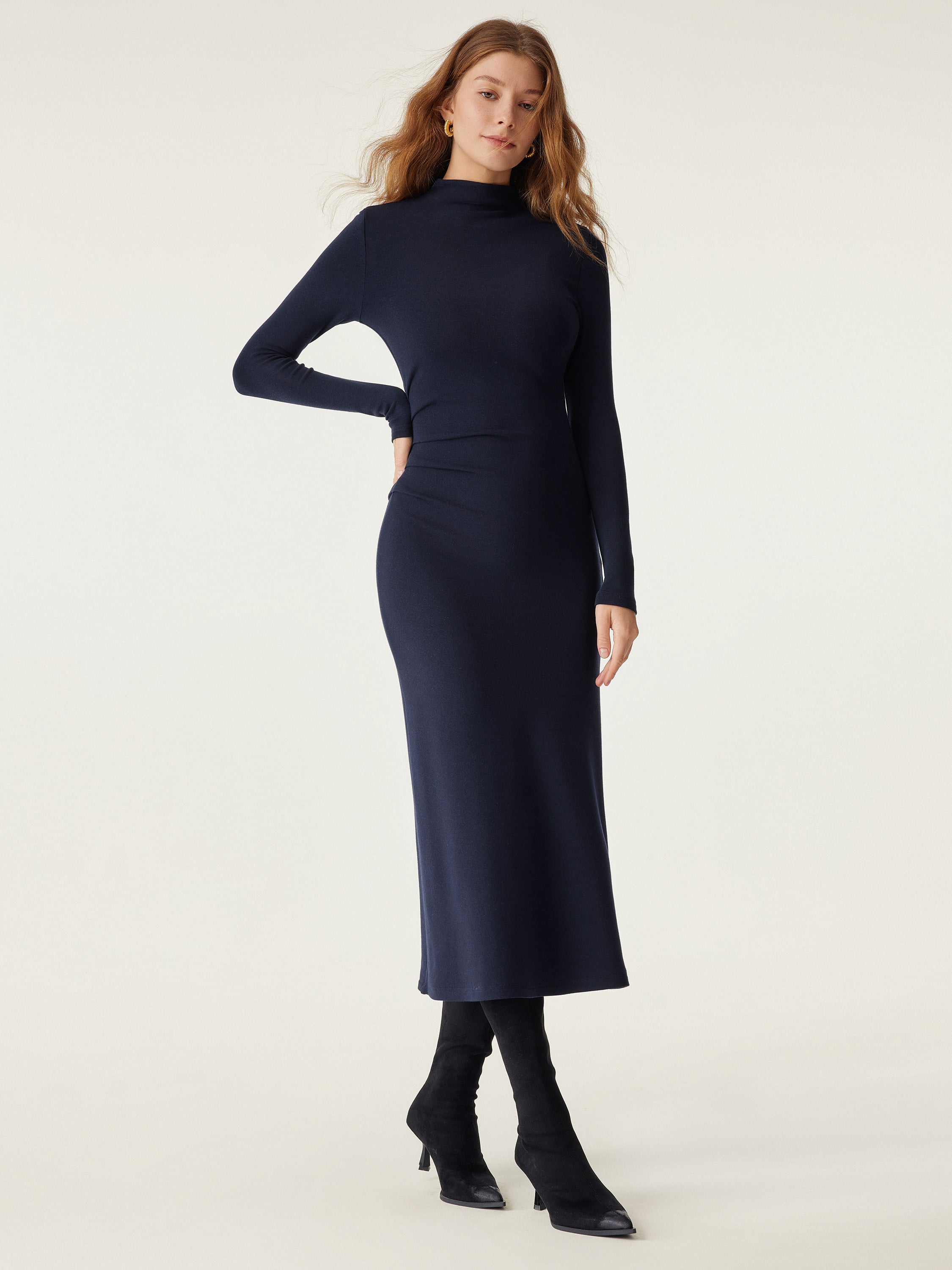 ProWarm Long Sleeves Mockneck Tucks Midi Dress