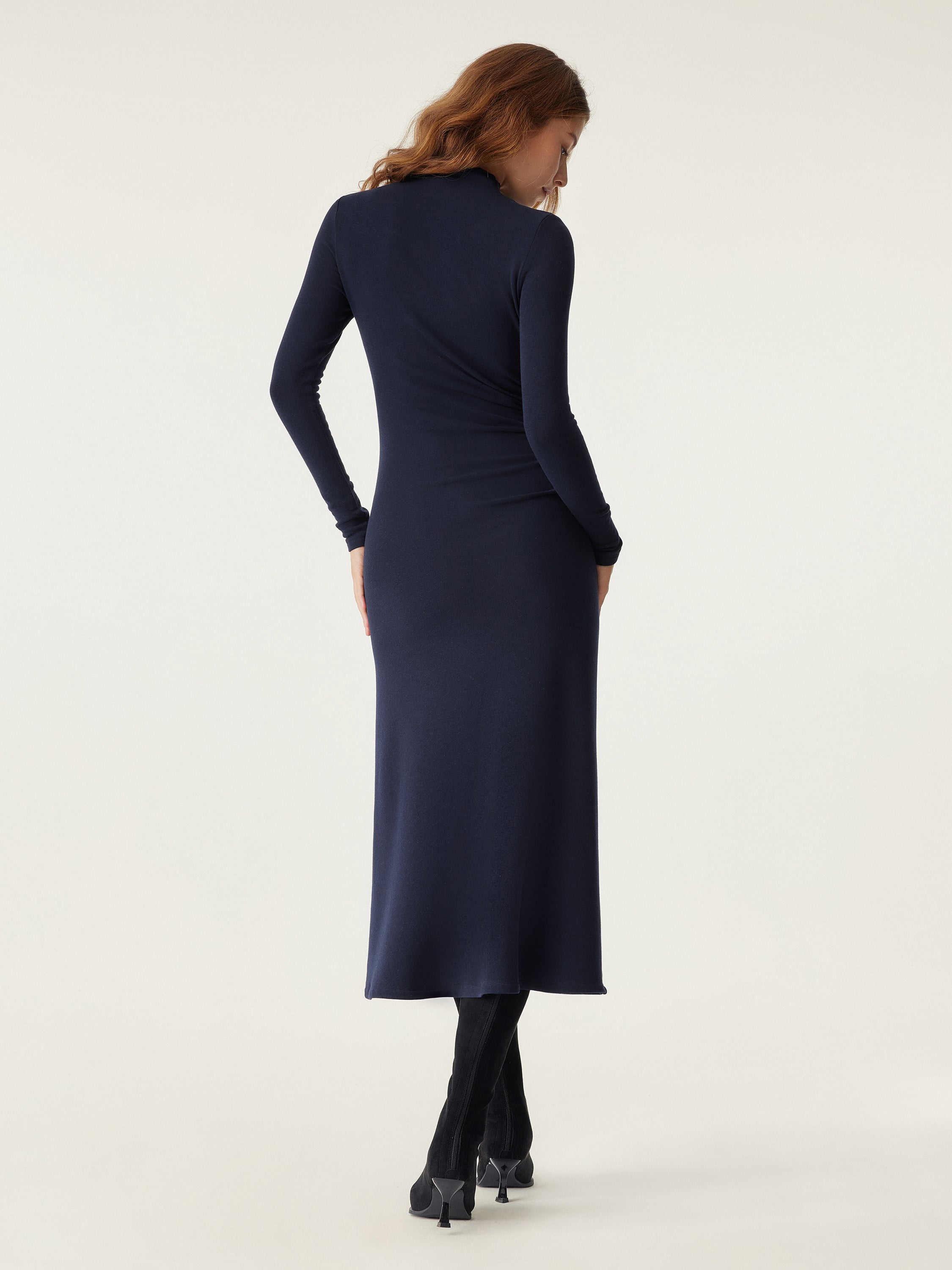 ProWarm Long Sleeves Mockneck Tucks Midi Dress