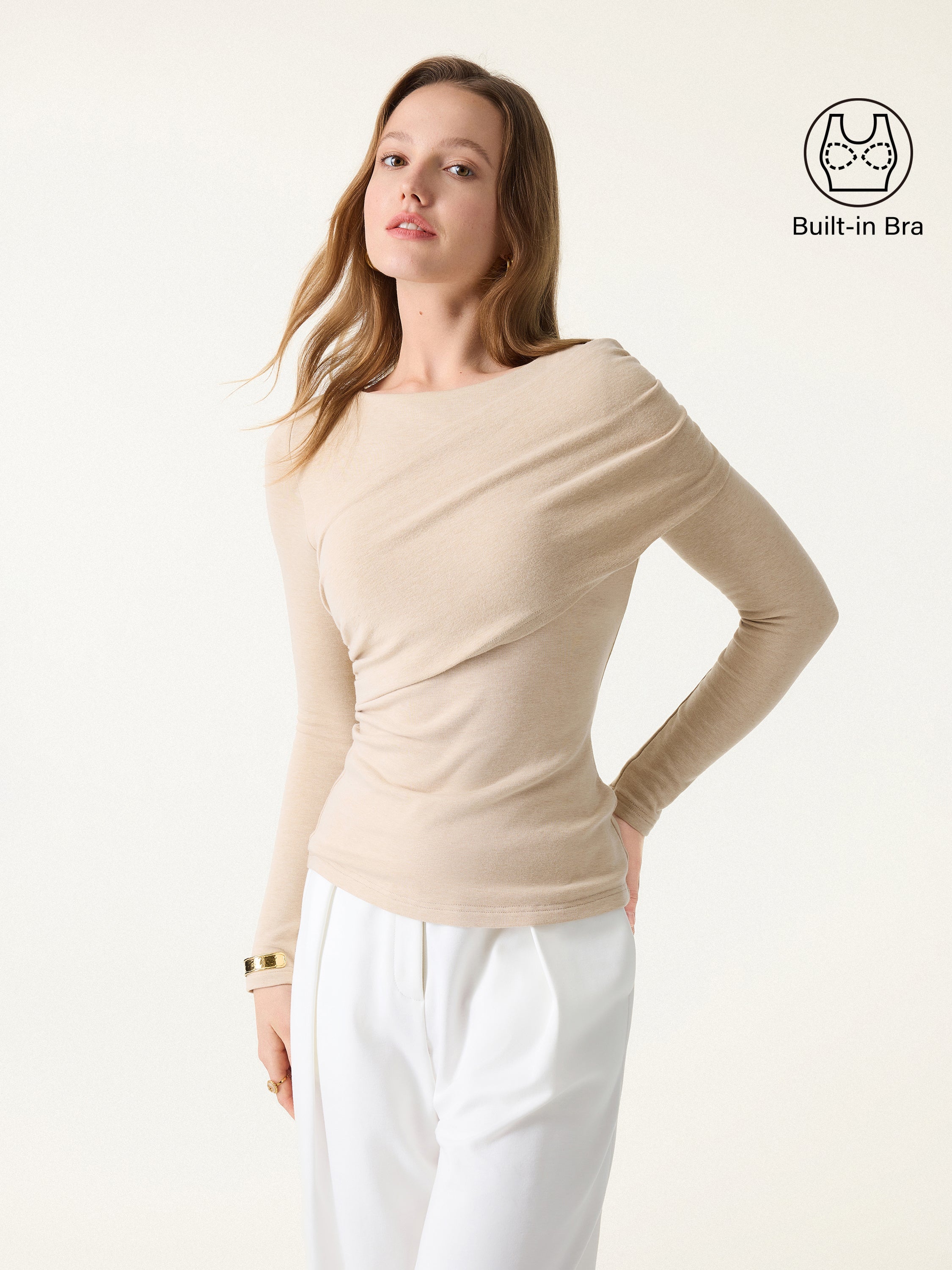 Tencel-Wool Gathered Semi Sheer Long Sleeve Brami Top