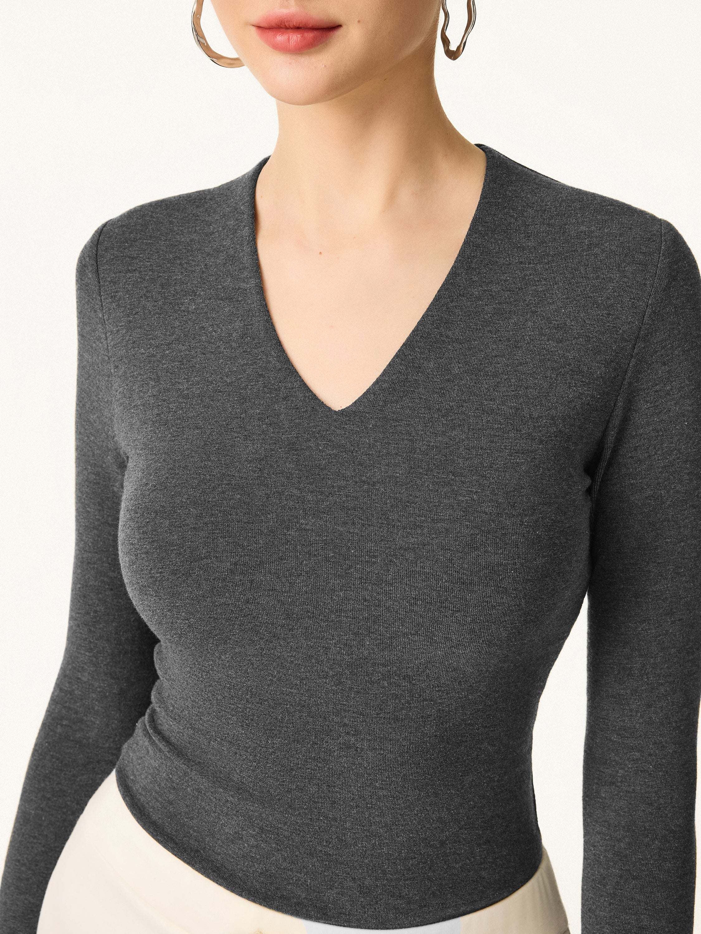Stretch Cotton V-Neck Long Sleeve Brami Top