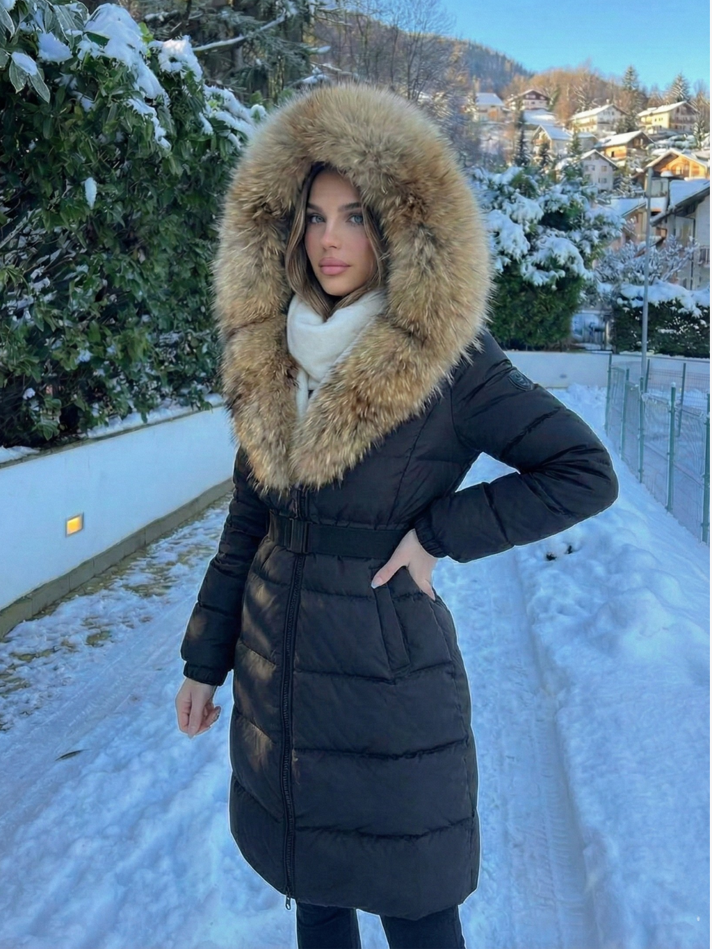 Jane | Long belted puffer jacket with faux fur hood