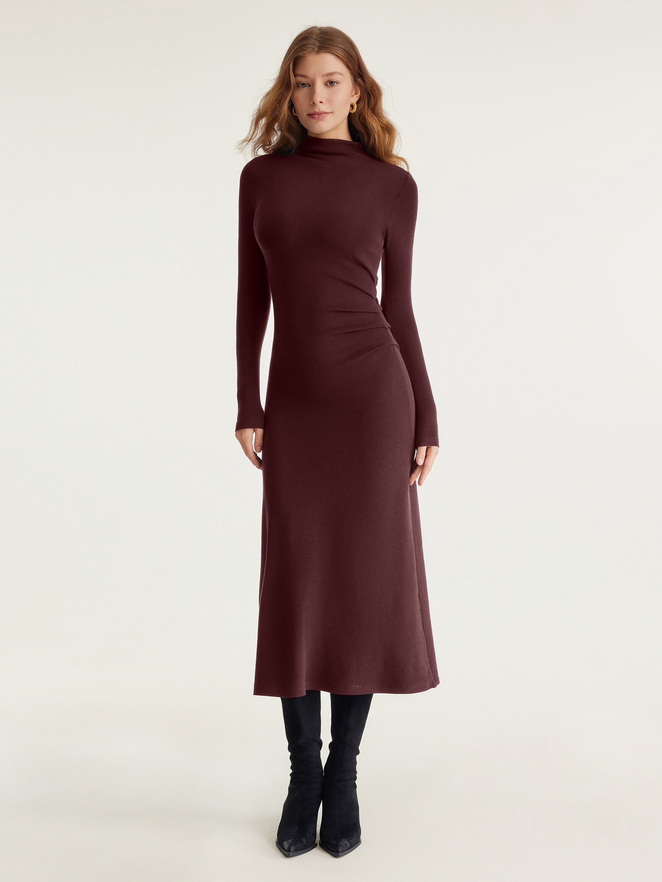ProWarm Long Sleeve Mockneck Tuck Midi Dress
