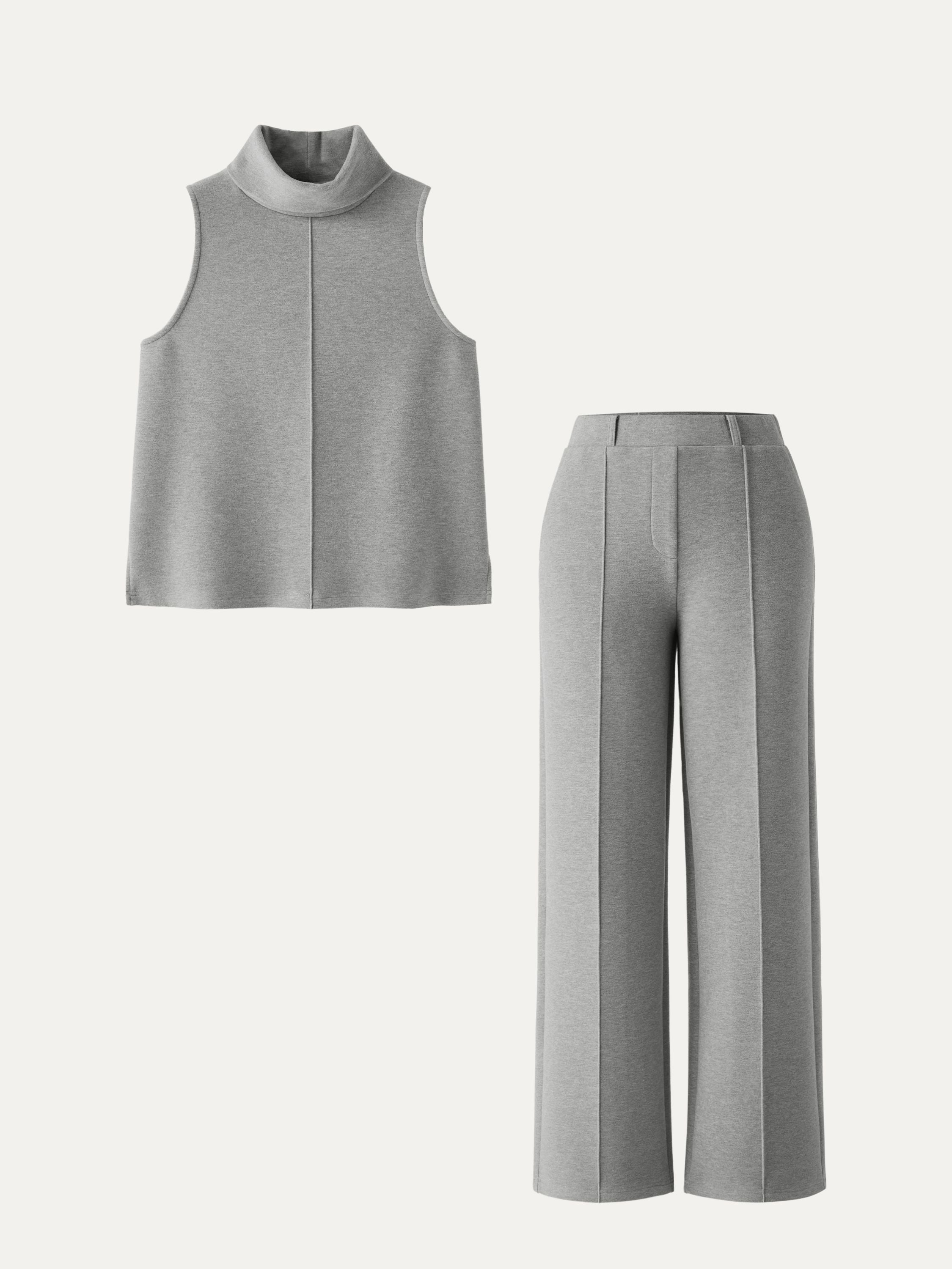 2Pcs Set Petite High Waisted Straight Leg Pant & Split Hem Top