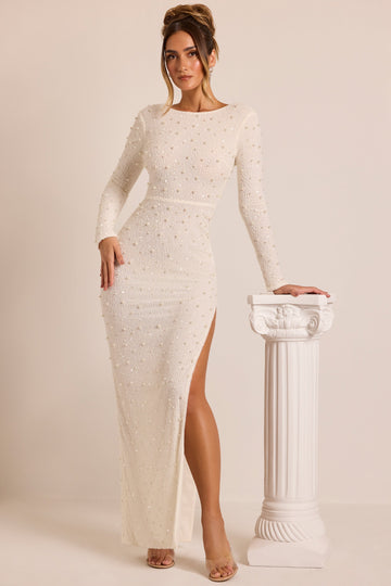 Verziertes langärmeliges rückenfreies Maxikleid in Weiß