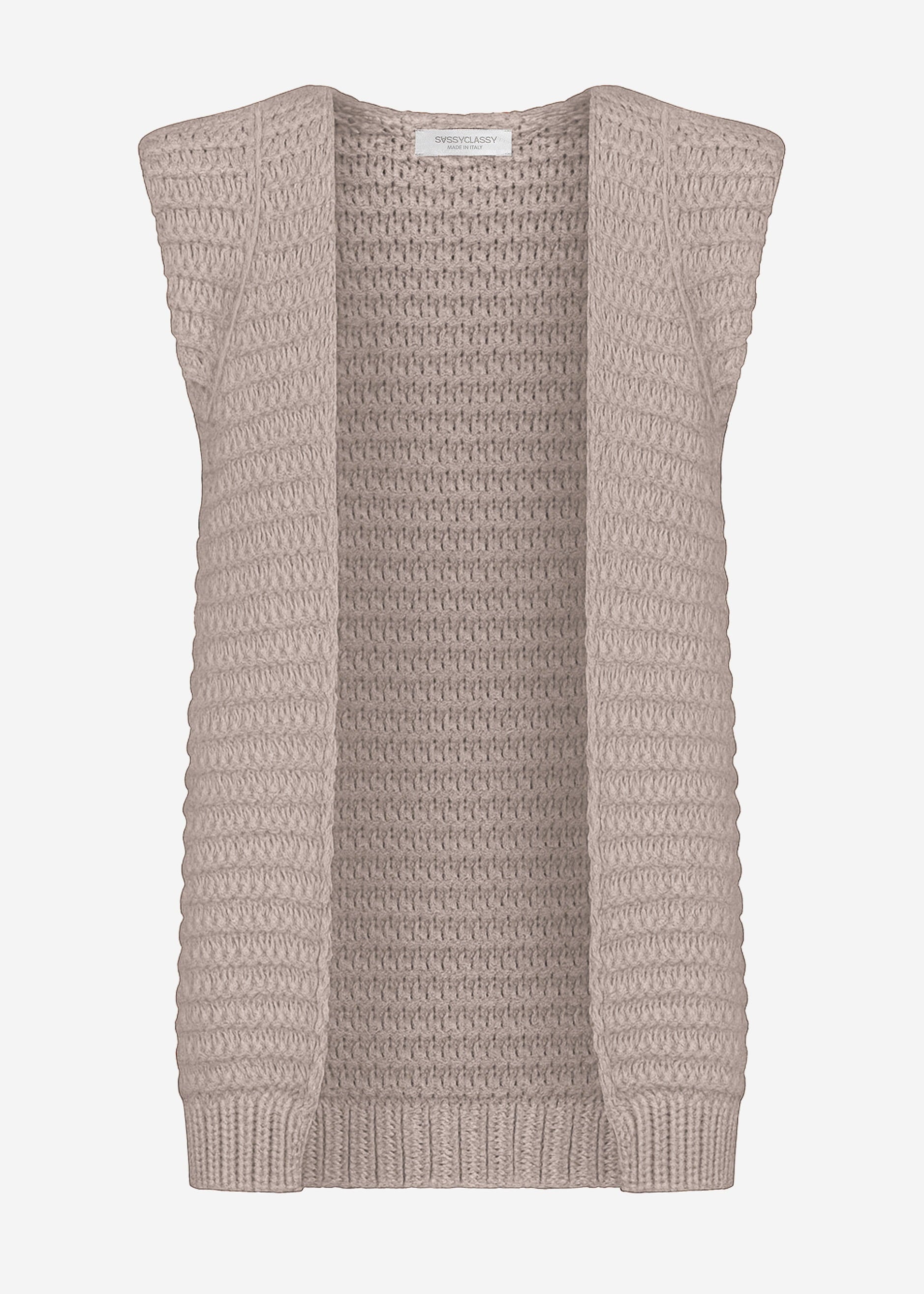 Lange ärmellose Strickweste mit strukturierten Schultern - taupe