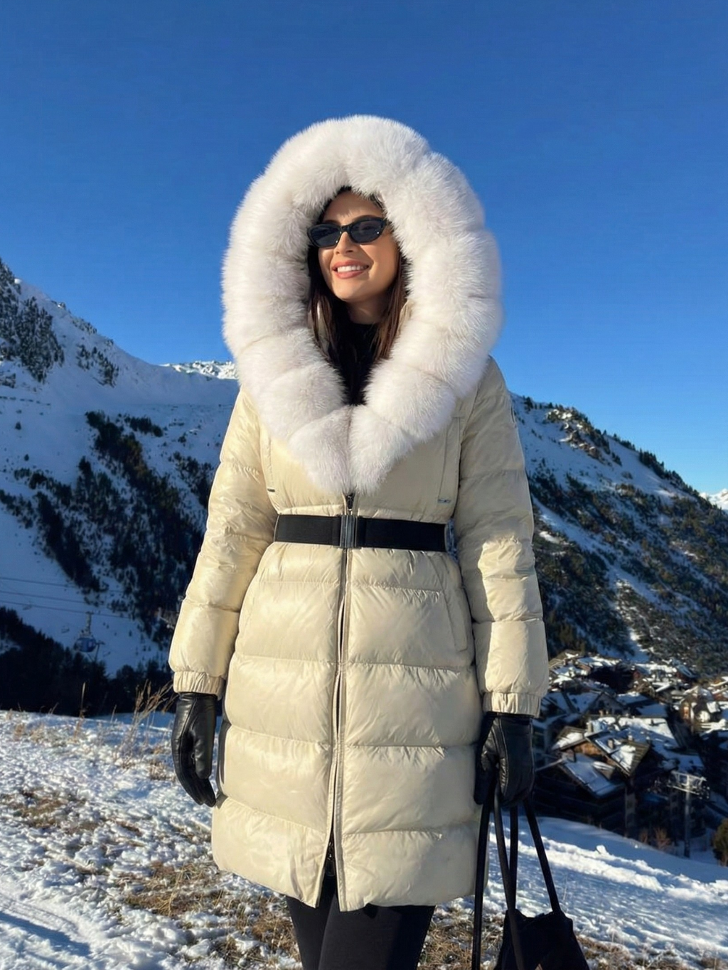 Jane | Long belted puffer jacket with faux fur hood