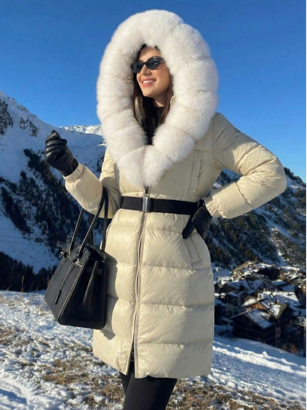 Jane | Long belted puffer jacket with faux fur hood