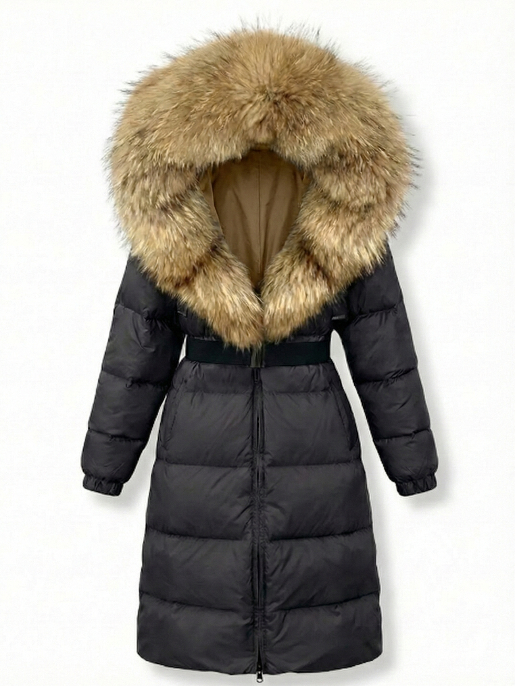 Jane | Long belted puffer jacket with faux fur hood