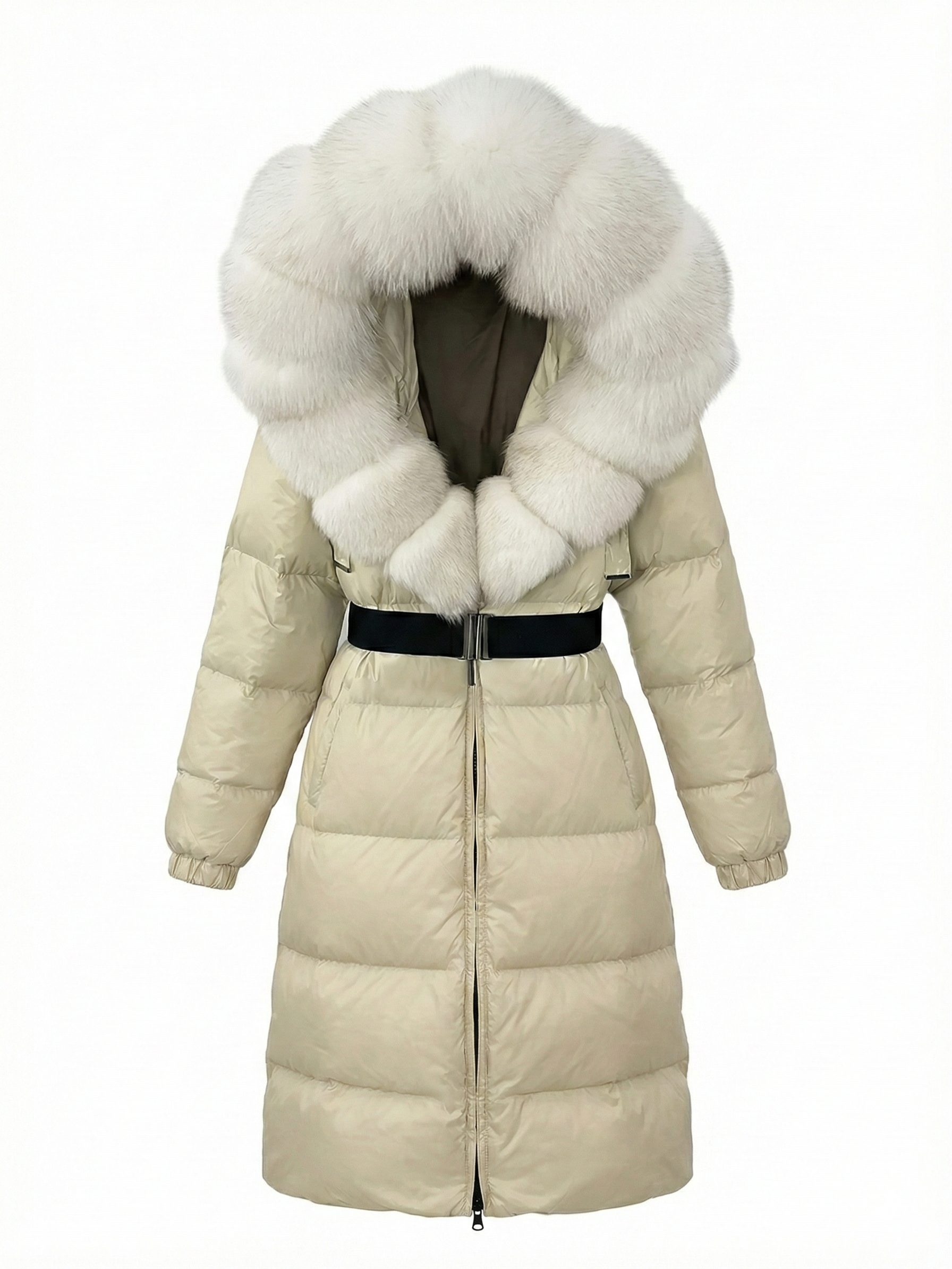 Jane | Doudoune longue ceinturée à capuche en fausse fourrure