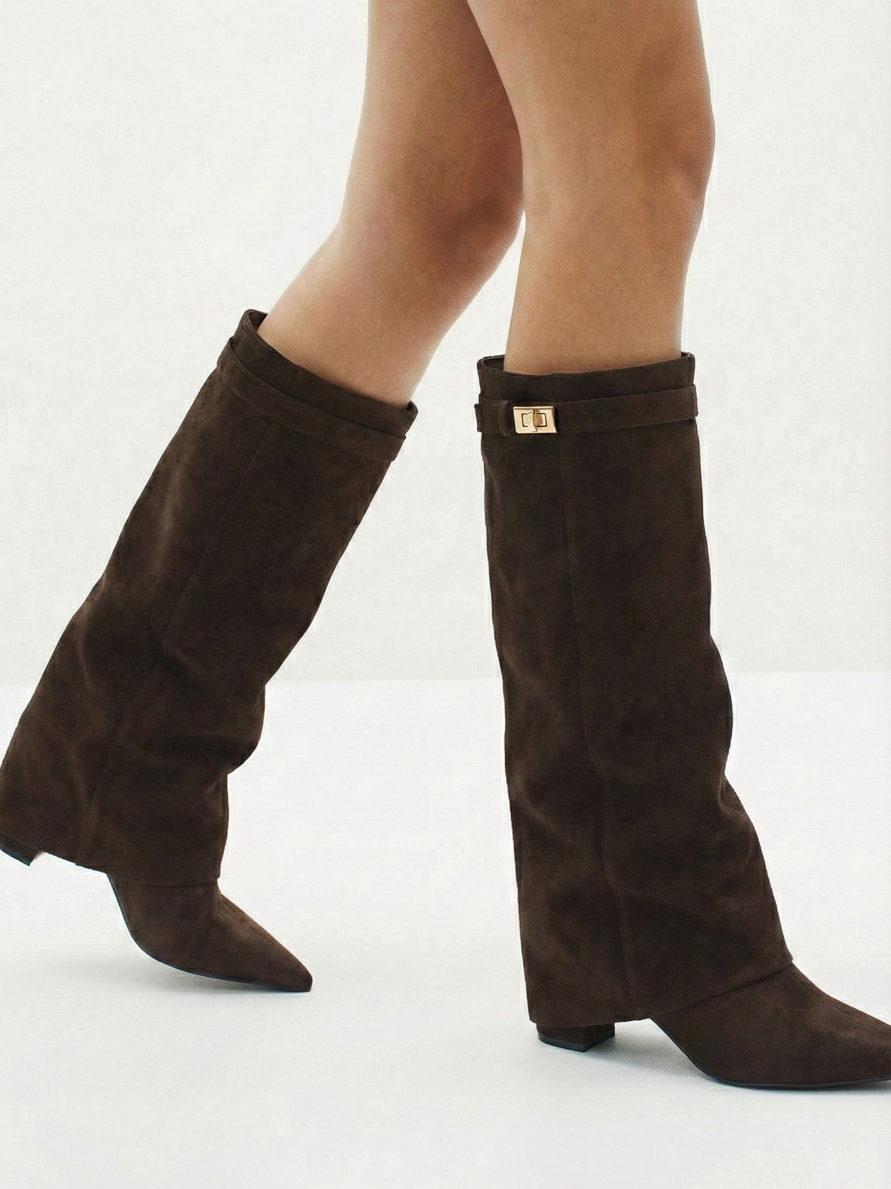 Bottes hautes en daim pour femmes, tige droite fine et bout pointu