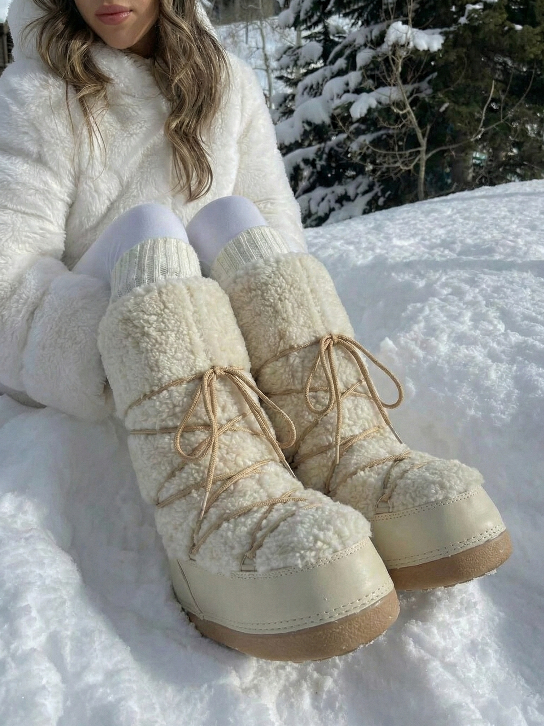 Bottes hautes confortables à lacets couleur crème pour femmes