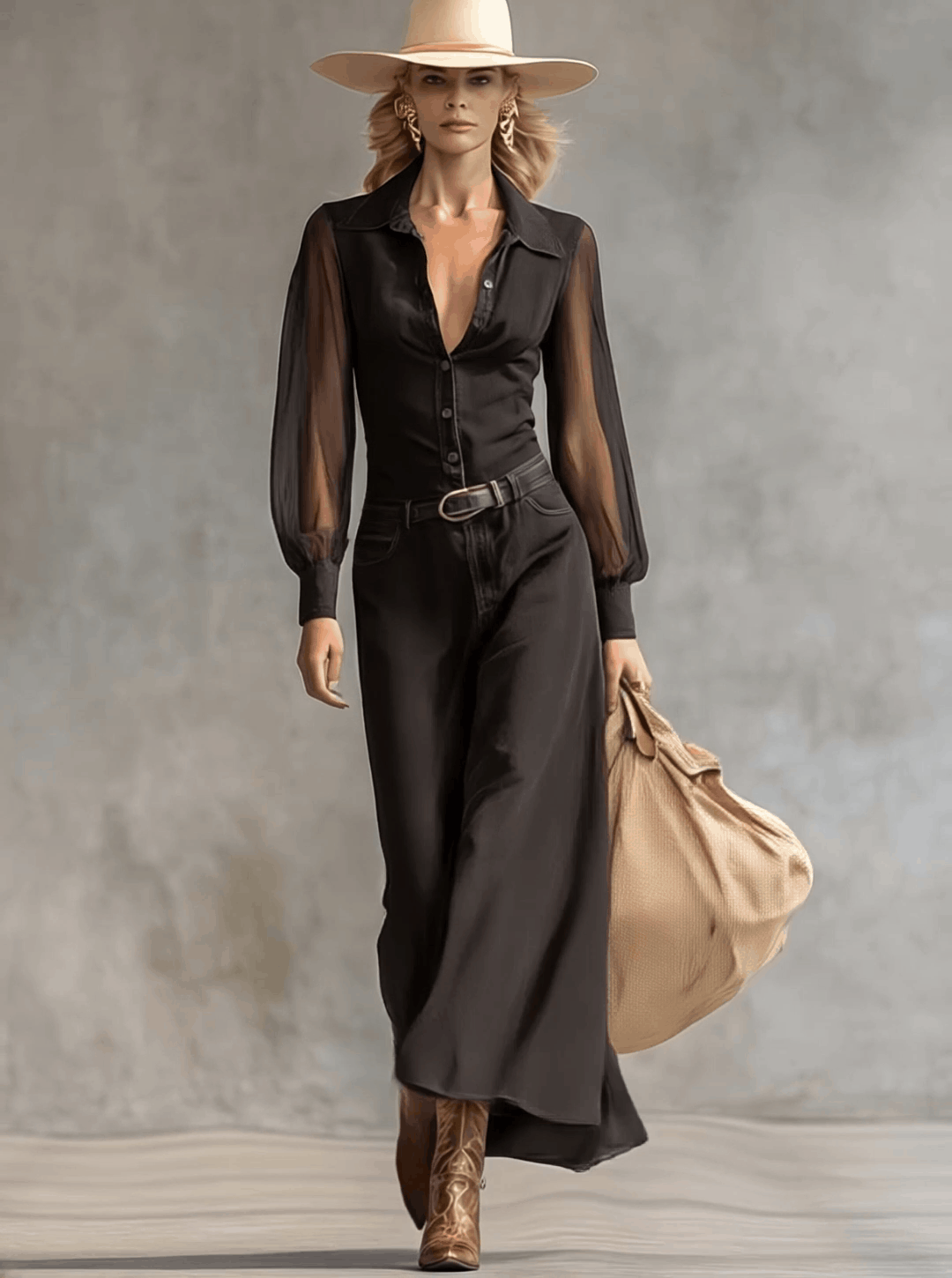 Denim-Maxikleid in Schwarz — V-Ausschnitt, lange Ärmel