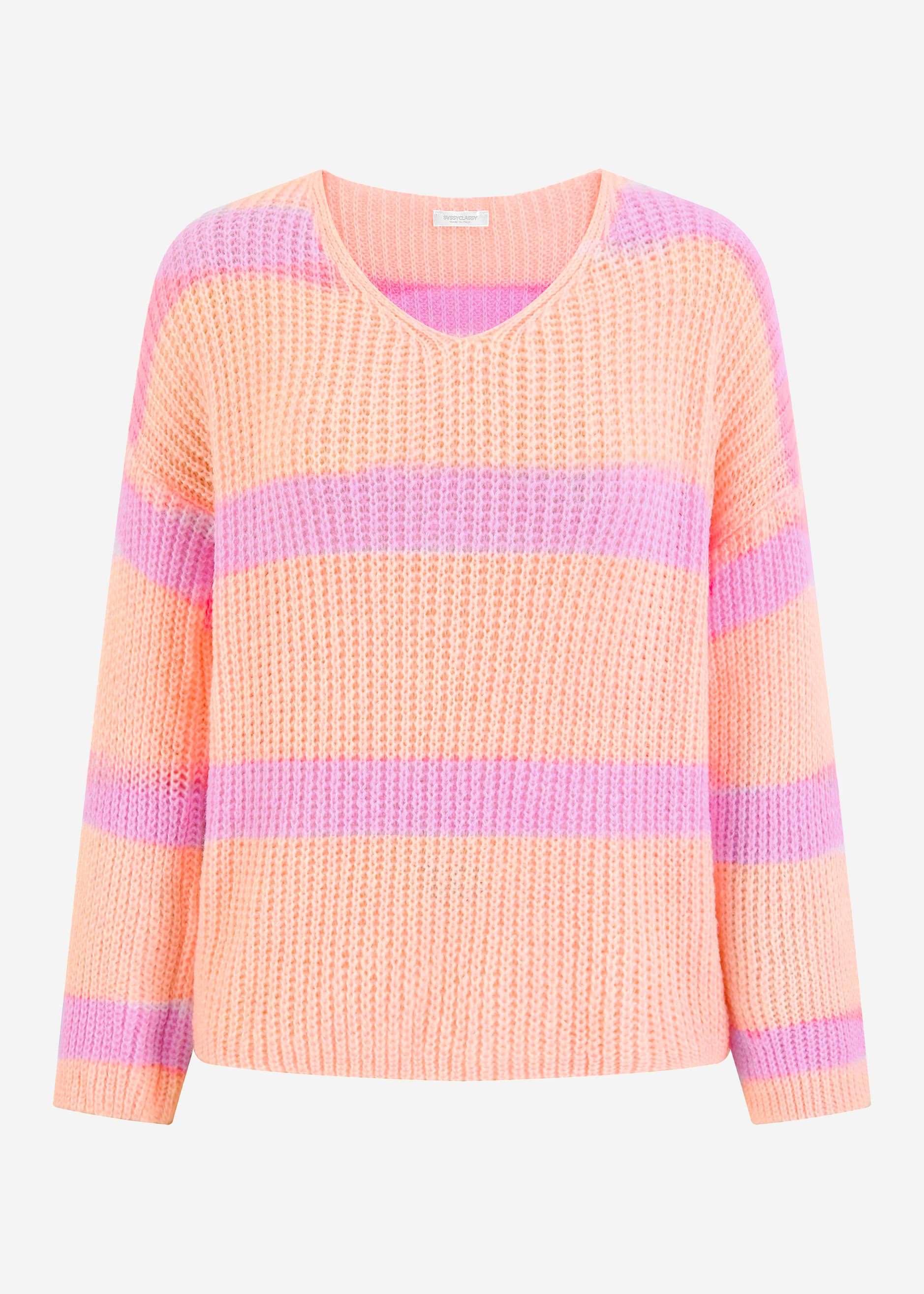 Eleganter Frühlings-Pullover mit V-Ausschnitt - Pfirsich-Flieder Streifen