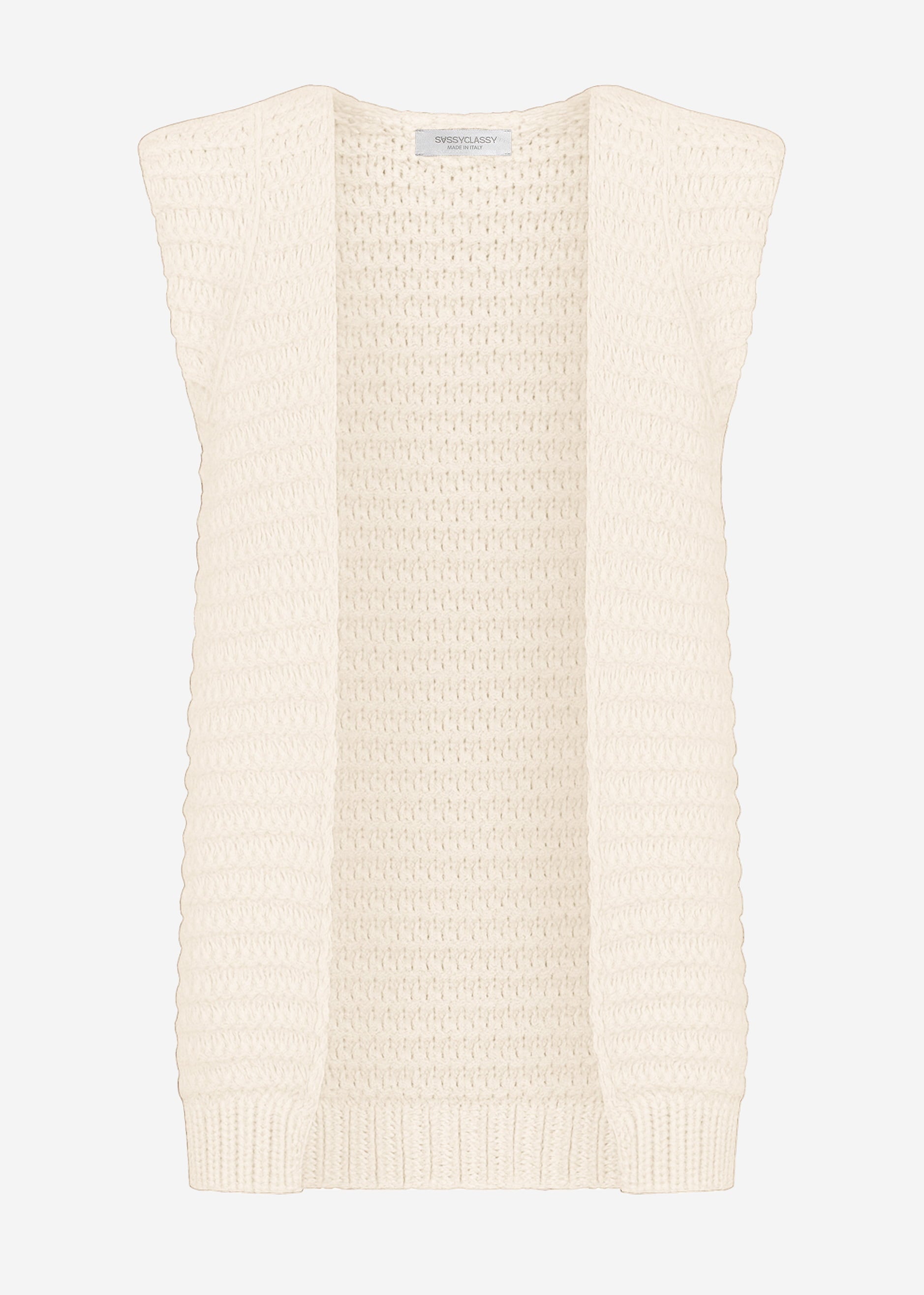 Lange ärmellose Strickweste mit strukturierten Schultern - offwhite