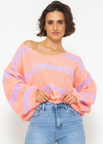 Eleganter Frühlings-Pullover mit V-Ausschnitt - Pfirsich-Flieder Streifen