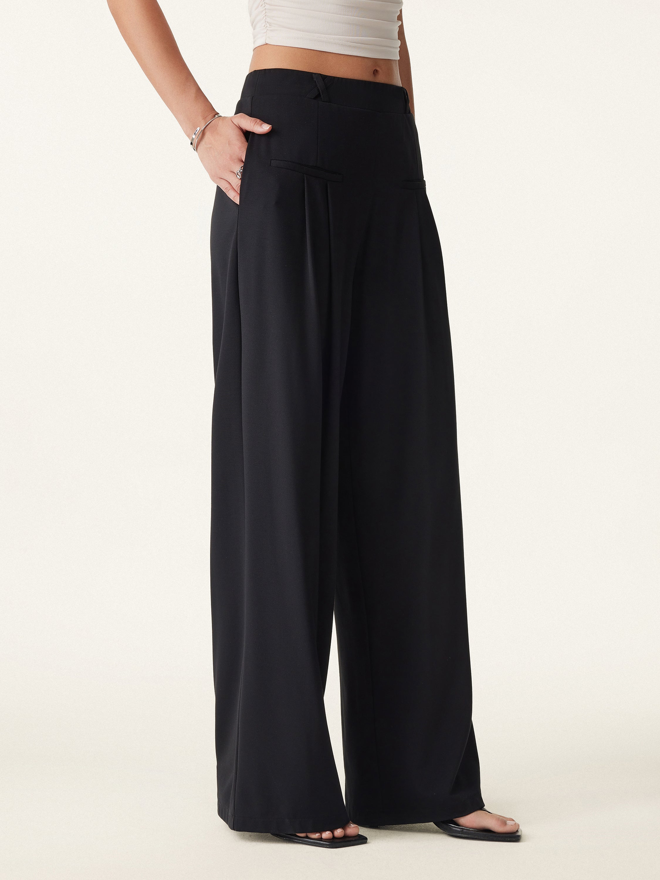 Drapey Bamboo Ponte Mid Rise Wide Leg Trouser with Pockets