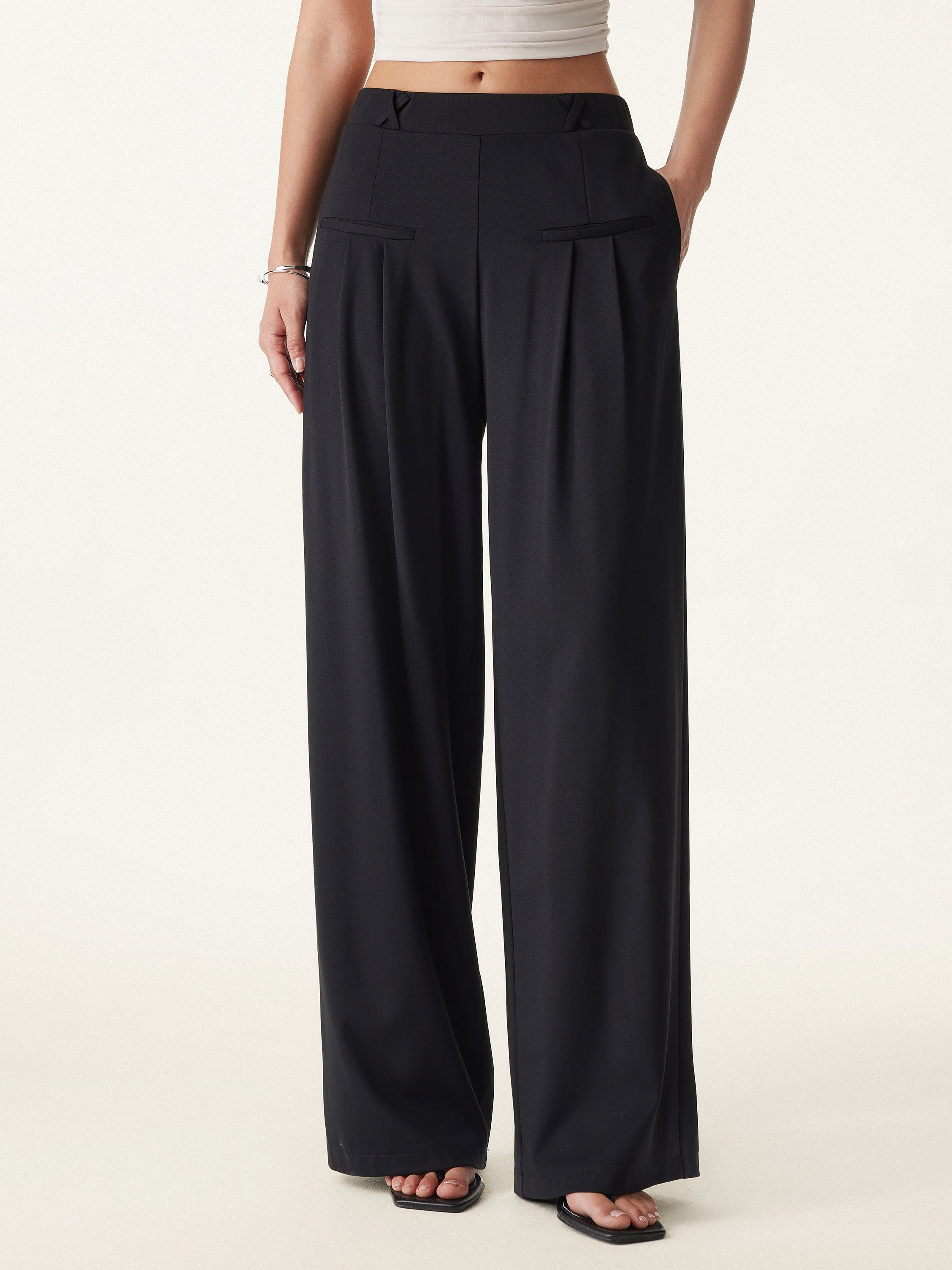 Drapey Bamboo Ponte Mid-Rise Wide-Leg Trousers with Pockets