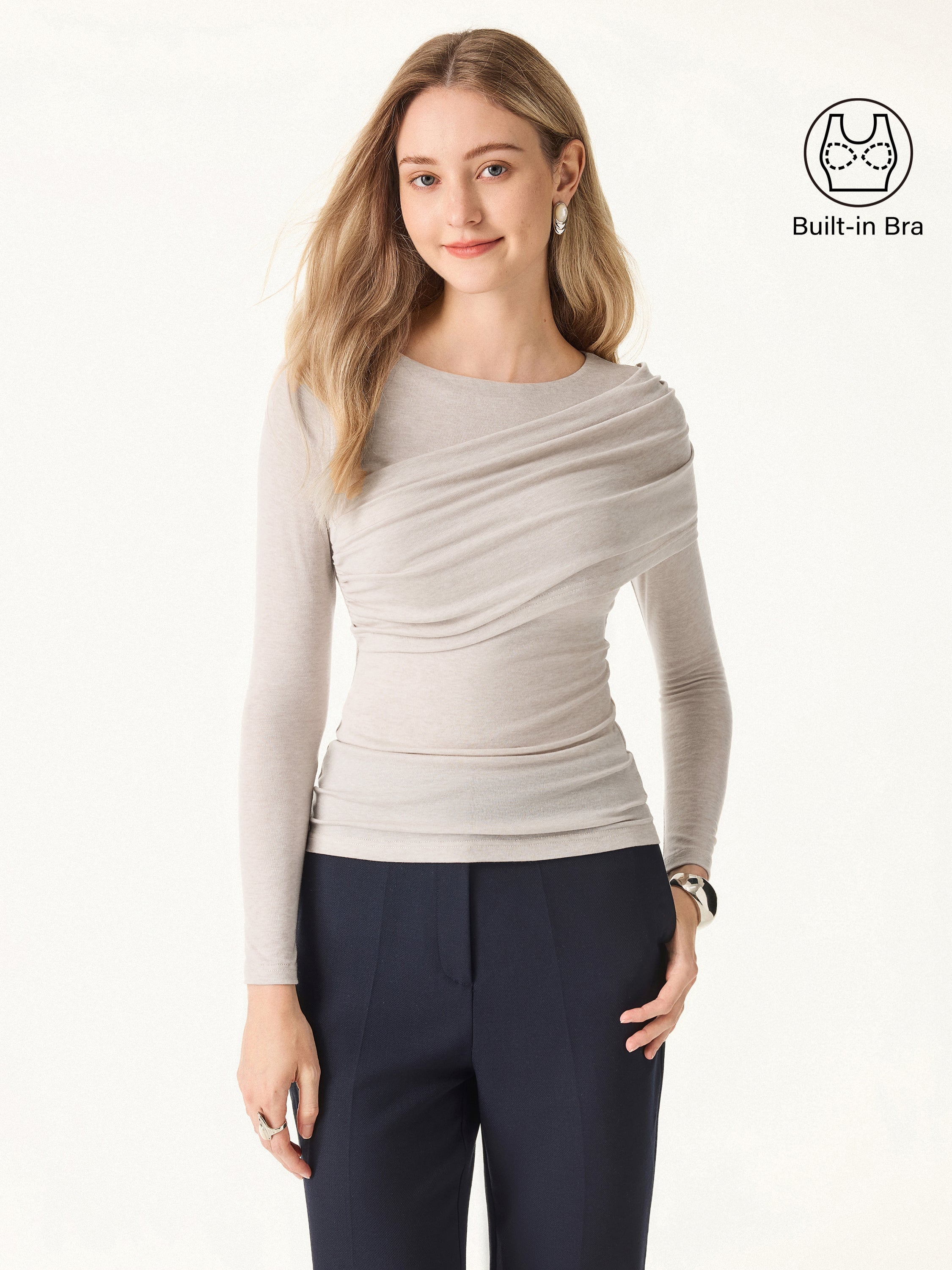Tencel-Wool Gathered Semi-Sheer Long Sleeve Brami Top