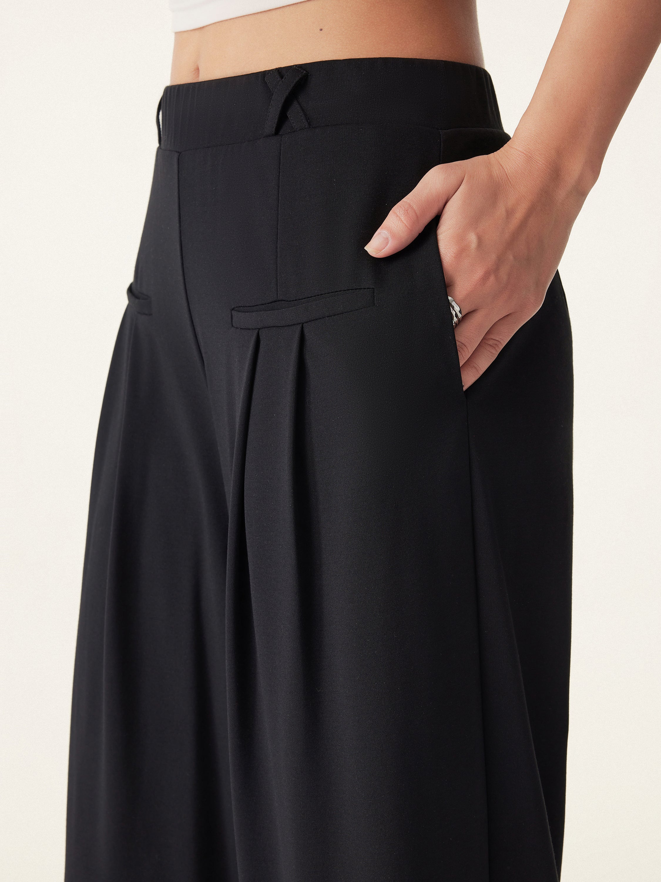 Drapey Bamboo Ponte Mid Rise Wide Leg Trouser with Pockets