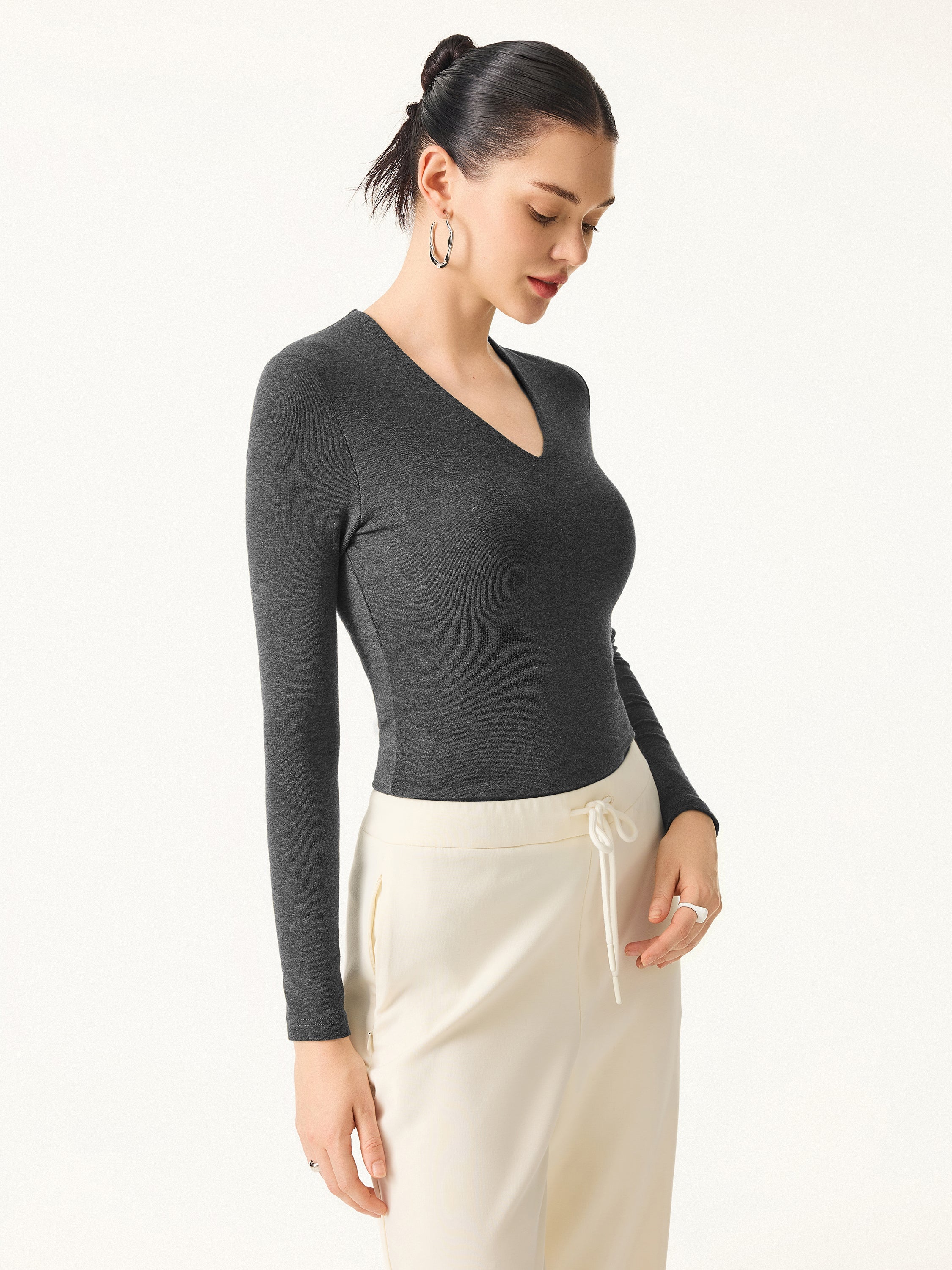 Stretch Cotton V-Neck Long Sleeve Brami Top