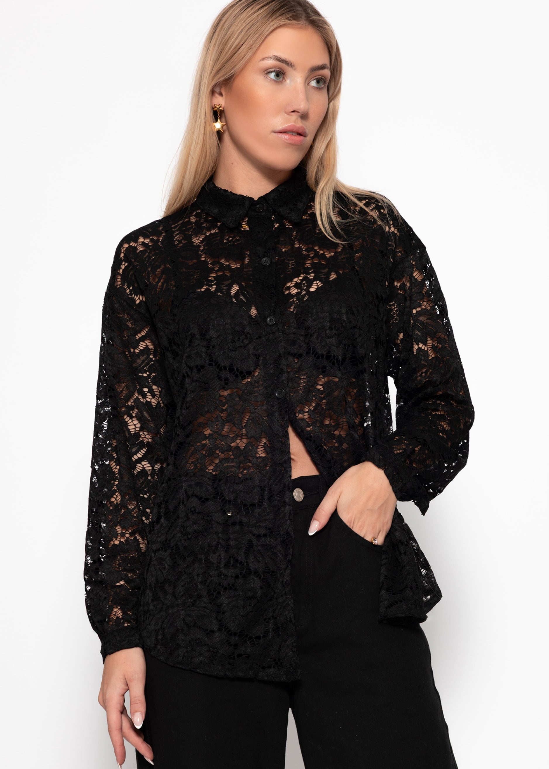Bluse aus transparenter Spitze - schwarz