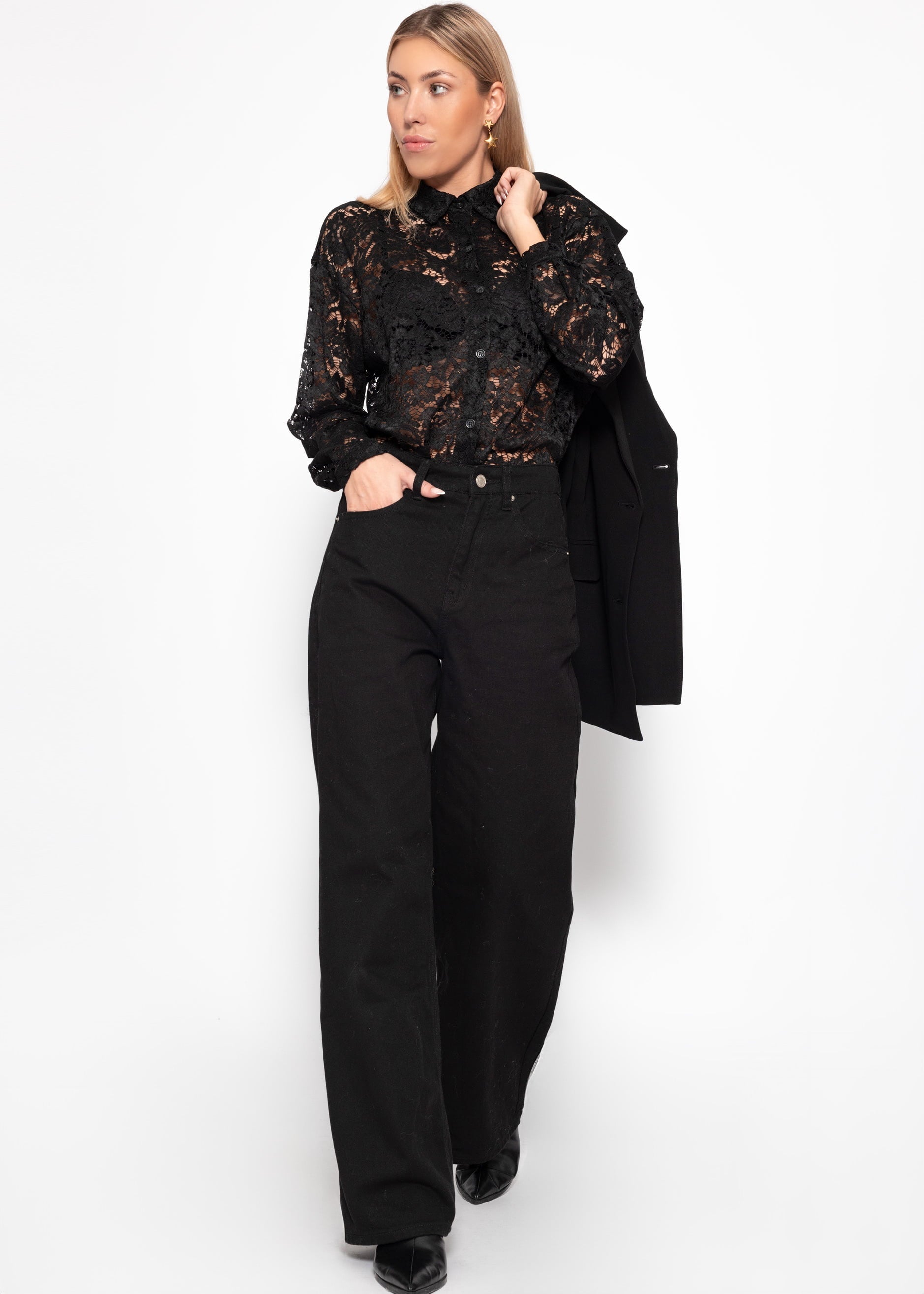 Bluse aus transparenter Spitze - schwarz