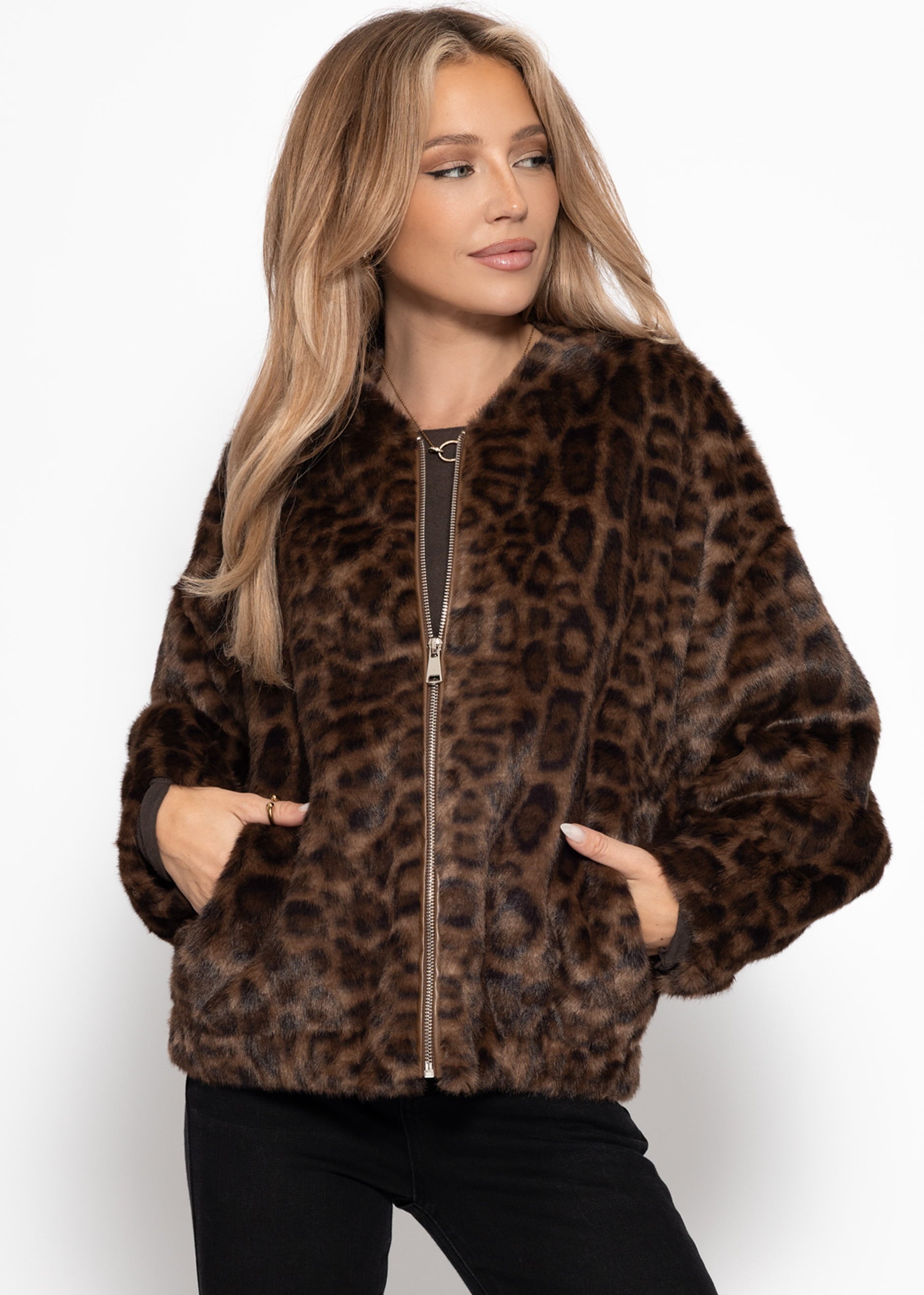 Bomberjacke aus Fellimitat mit Leo-Muster - braun