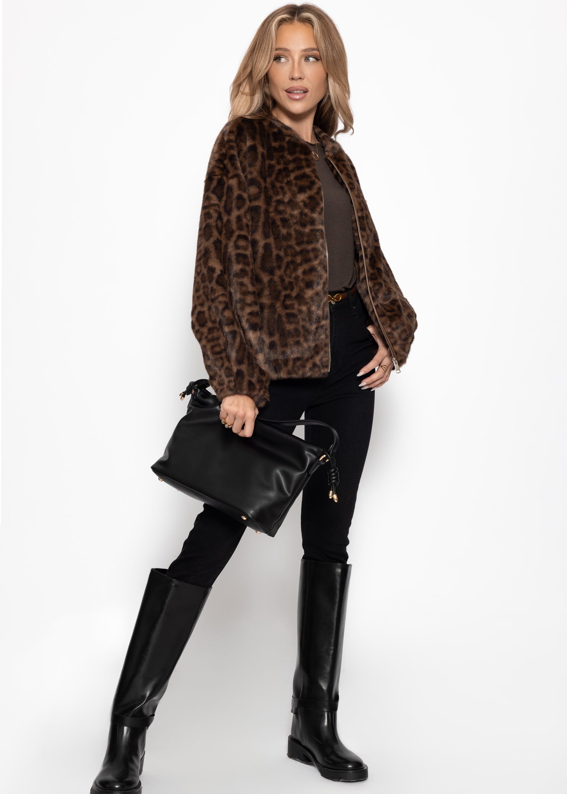 Bomberjacke aus Fellimitat mit Leo-Muster - braun