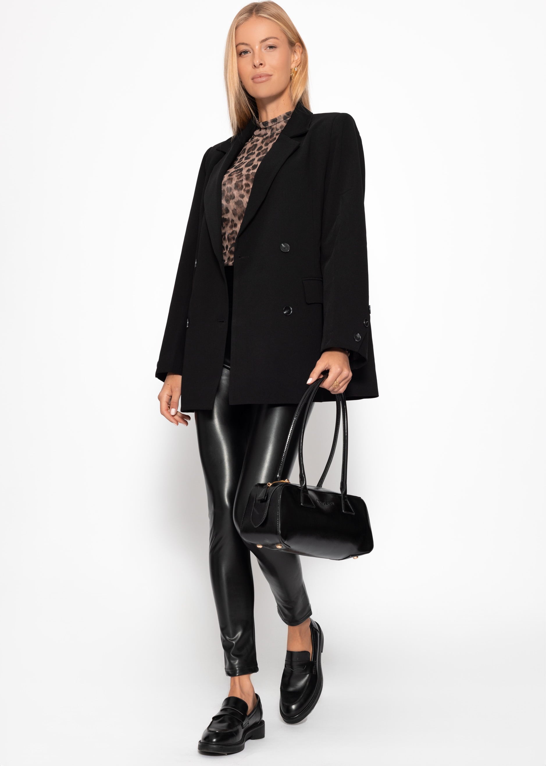 High-Rise Thermo Lederleggings mit breitem Bund - schwarz