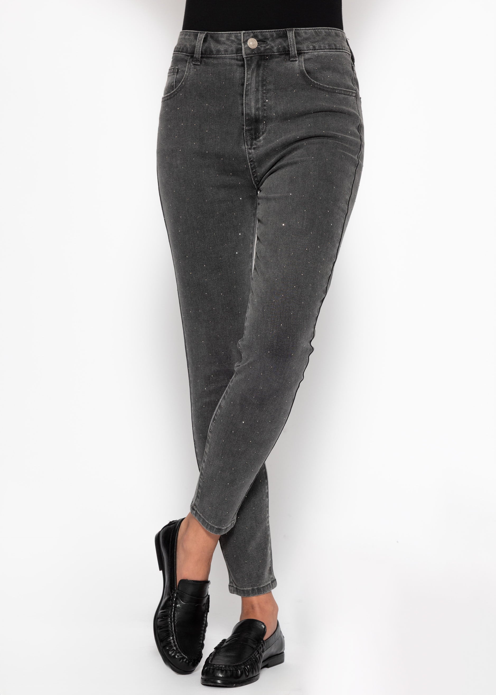 Highwaist Skinny Jeans mit Strasssteinen - dunkelgrau