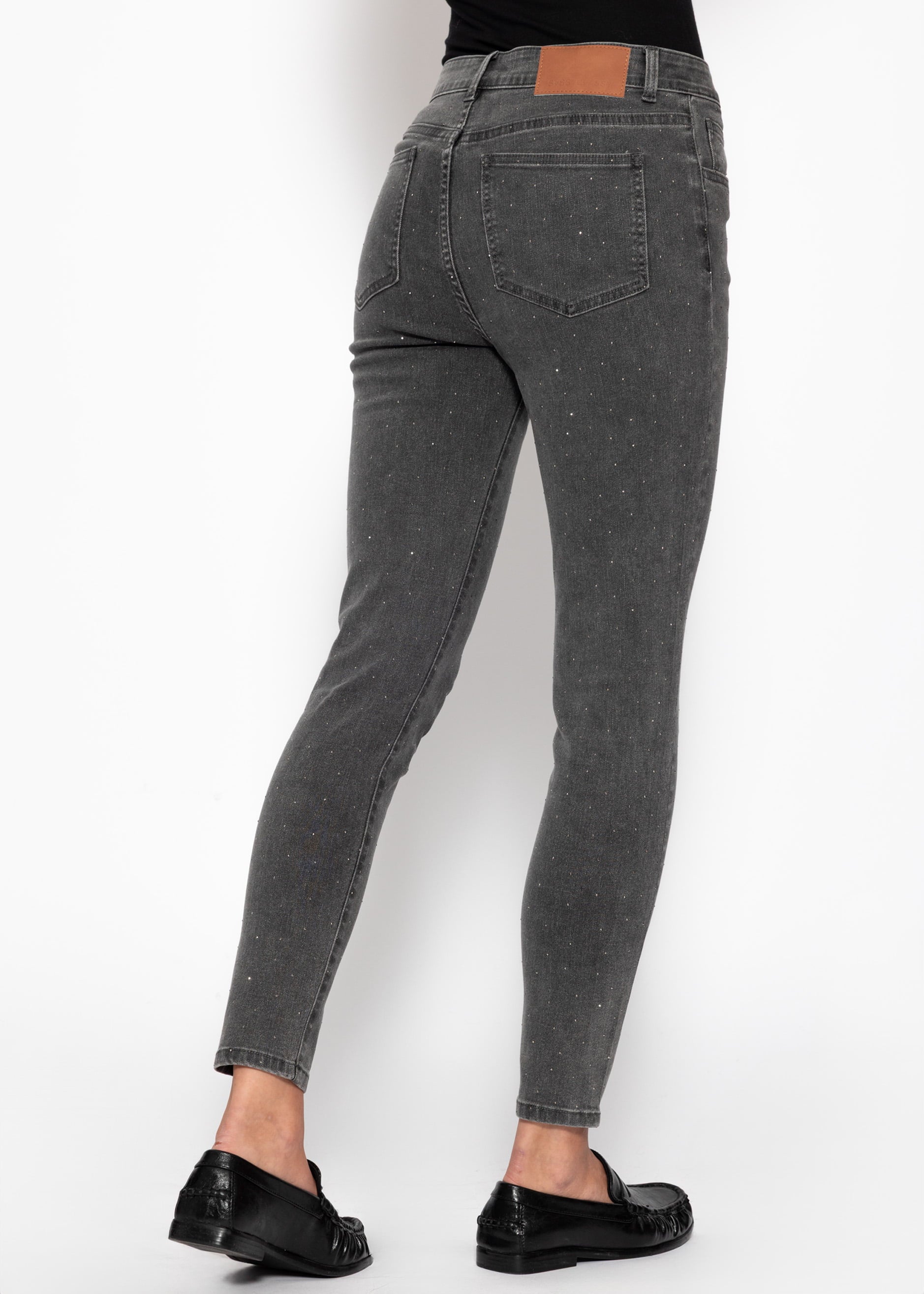 Highwaist Skinny Jeans mit Strasssteinen - dunkelgrau